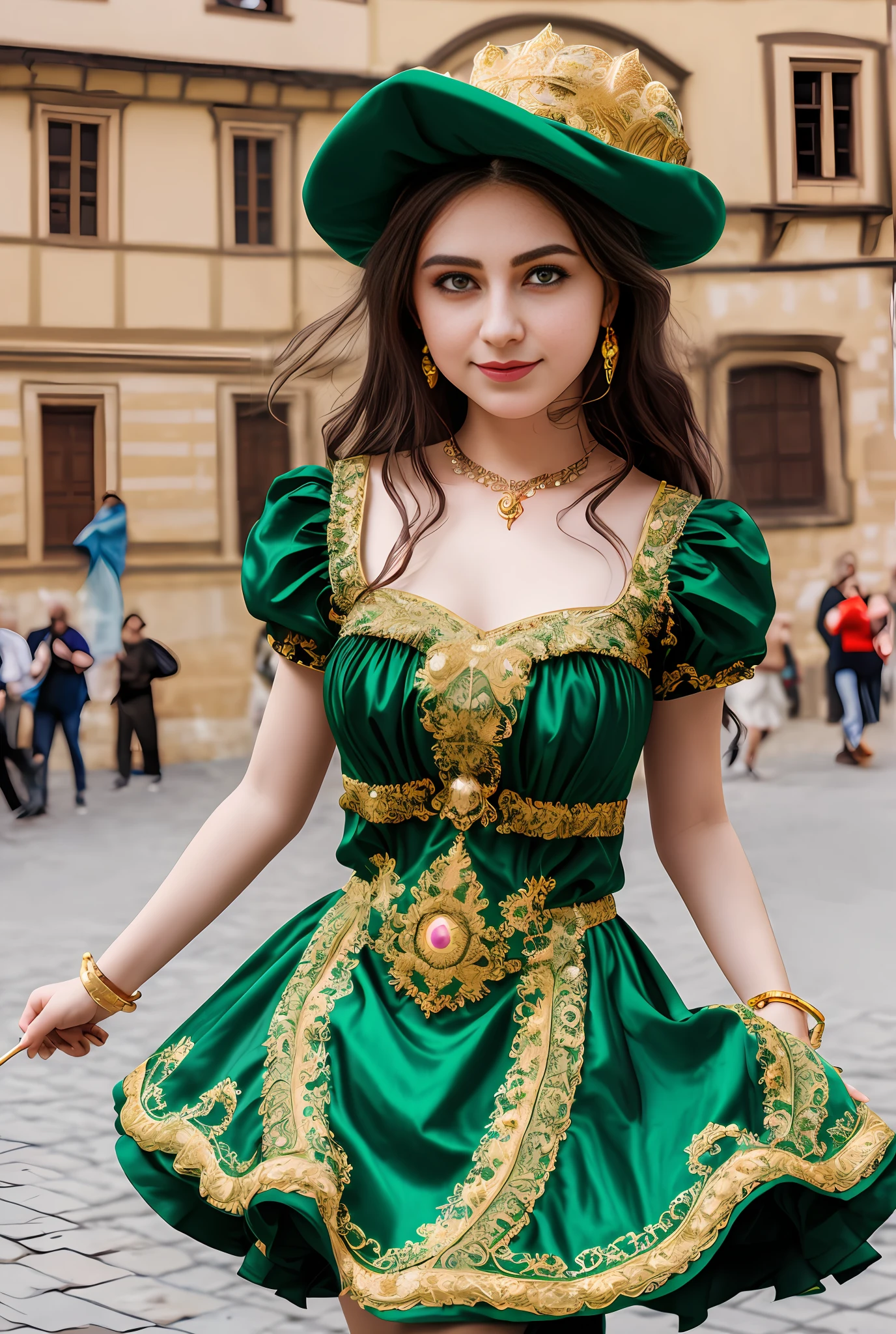 (masterpiece, best quality, realistic),
1girl,Prague Old Town Square background, gypsy dress, dancing, intricate, dark green dress, gold, gypsy person, banquet, crowd, picking up skirt,pale skin,
[slight smile],