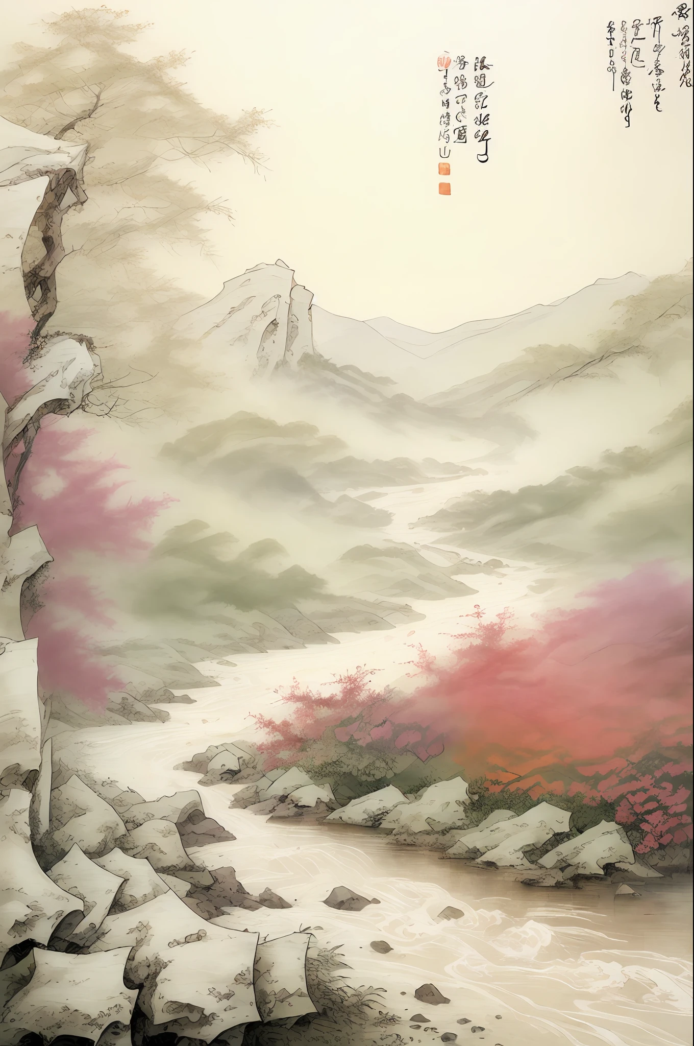 Masterpiece, Superb Piece, (Full Body: 1.3), (((no_humans))), Solo, Chinese Painting, Tang, Perfect Skin, Gorgeous, Pure, Colorful, Clear and Sharp Focus, Instagram Most Watched, Conceptual Artist, Distant Mountains, Depth of Field, Flowers, Shrubs, Running Water, Mist