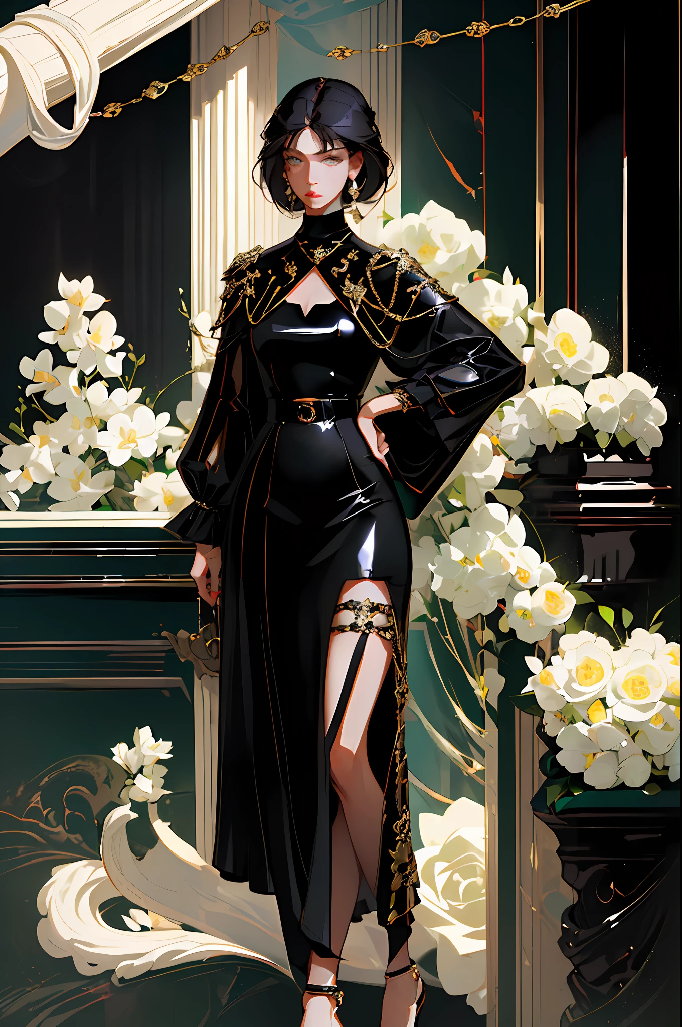 (best quality, masterpiece), 1girl, fashion clothes, gucci, model, fine details on face, elegant, fashion, whole body, legs, detailed face, amazing details, movie light, light eyes, (dark circles), stylist clothes, neutral colors, dark hair, indirect light, (black hair), look at the viewer