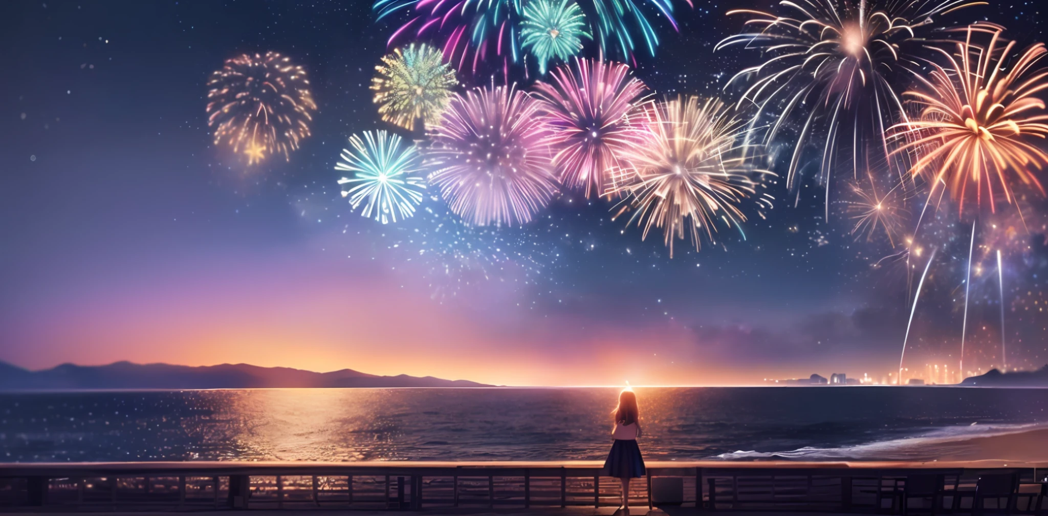 Vast night sky pictures,((Top quality:1.4),(Unparalleled masterpiece),Night Sky: 1.4,(Fireworks: 1.4, Aerial Fireworks: 1.4), highly detailed 8k CG unit,,Bokeh,Depth of field,, Beach, Sea, Volumetric Lighting,(Dynamic Composition: 1.4),Bikini girl standing on the beach, character 0.3, Very detailed, Colorful details, (Iridescent: 1.2), (glow illumination, atmosphere lighting), dreamy, magical, (solo: 1.2),
