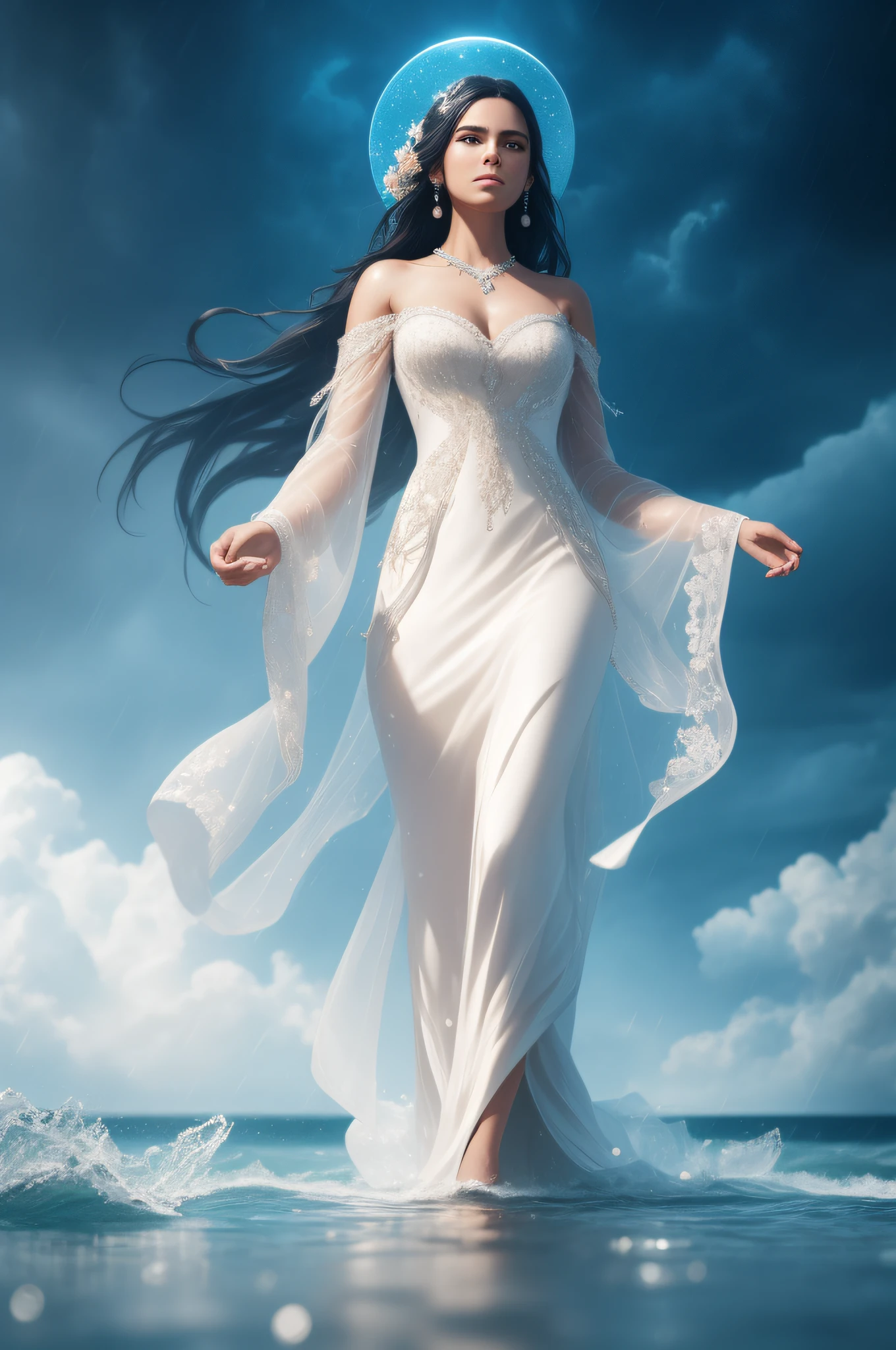 Yemanja walking on water in a storm, soft expression, rays of light descending from the sky, glowing pearls falling from his hands, flowers on seawater and a moon background, masterpiece, high quality, high quality, highly detailed CG unit 8k wallpaper, award-winning photos, bokeh, depth of field, HDR, bloom, chromatic aberration, realistic, very detailed, trend in artstation, trend in CGsociety, complex, high detail, dramatic, art in the middle of the journey, volumetric lighting --auto --s2