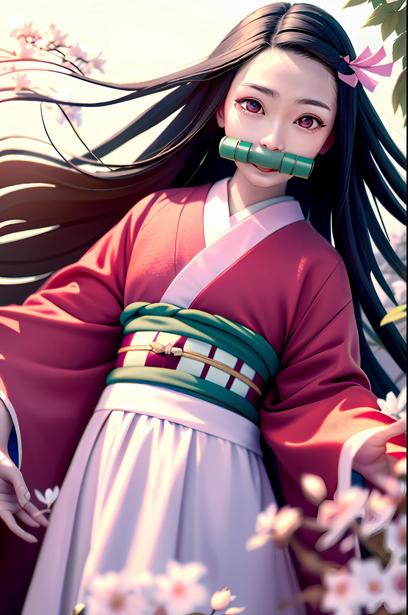 masterpiece, photorealistic, realistic eyes, asian woman, aged up, kamado nezuko, 1girl, black hair with orange tips, forehead protector, hair ribbon, japanese clothes, kimono, long hair, pink eyes, pink kimono with white flowers and green leaves, pink ribbon, ribbon, very long hair, bit gag, gagged, sky background, natural light, high quality, 8k uhd, film grain