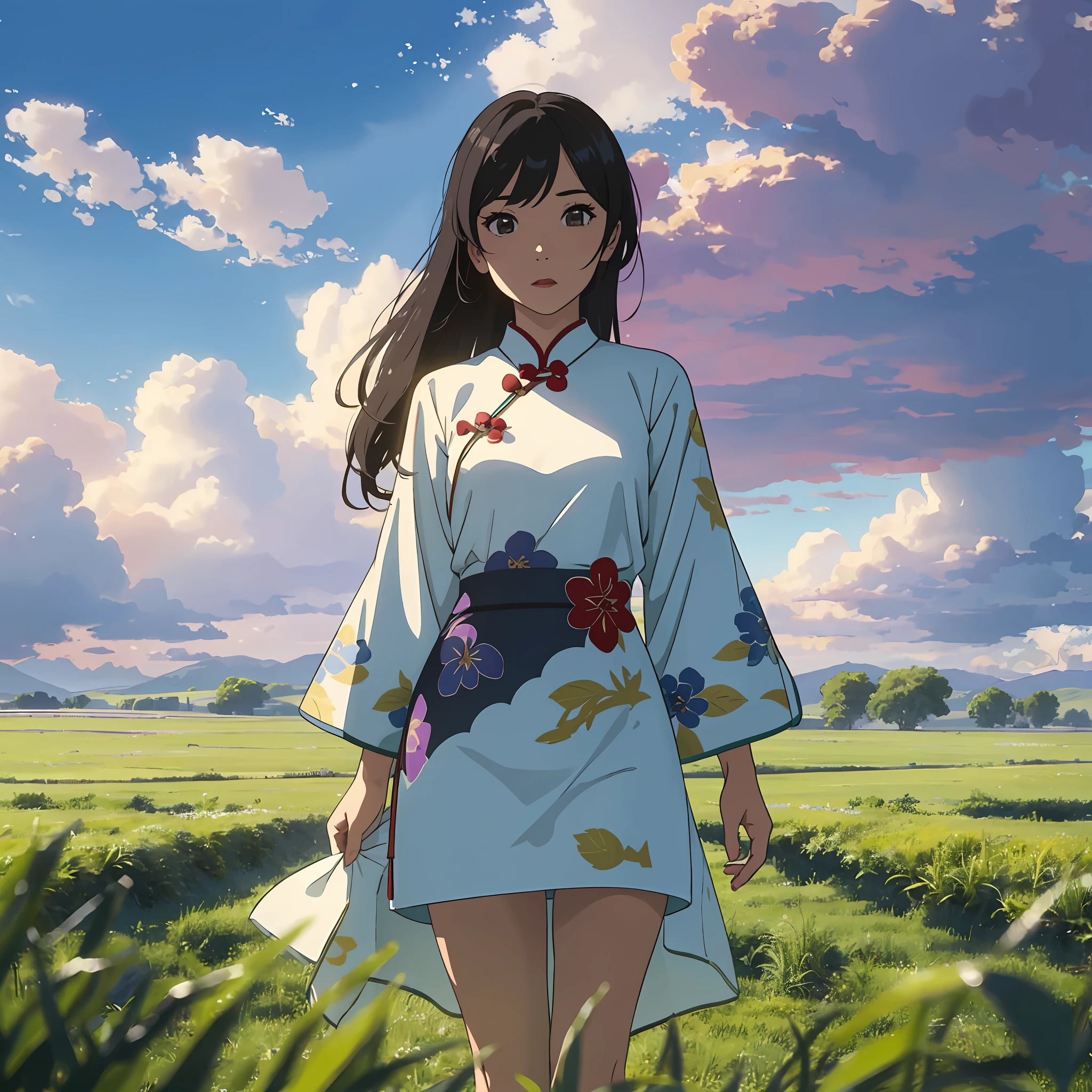 The girl in the cheongsam was facing ahead, standing on the grassland, and there were many clouds in the sky --auto --s2