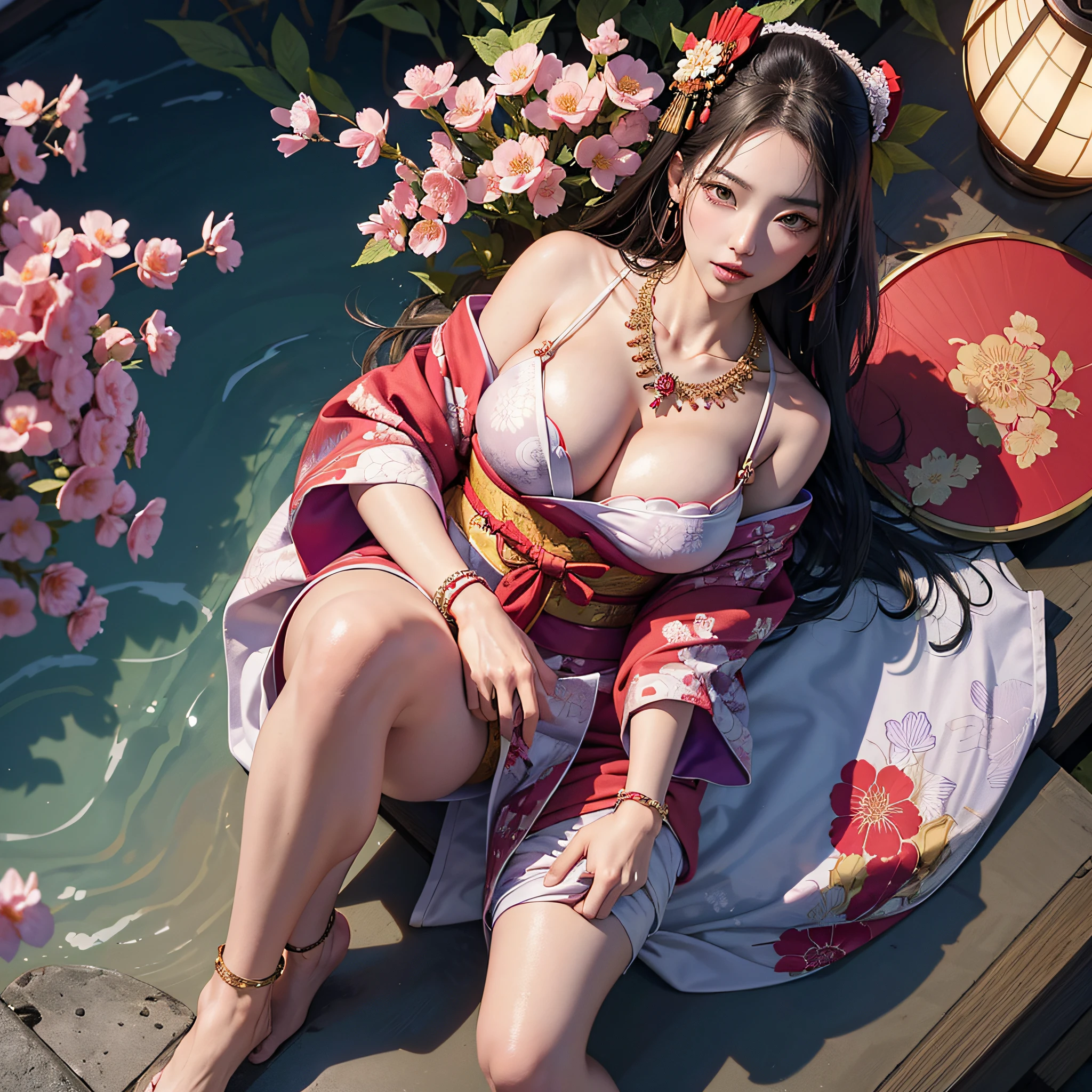 (legs wide open, crotch wide open), (cinematic light, top quality, 8K, masterpiece: 1.3), (world wonderful, Japan goddess, Japan beautiful girl, Korean goddess), (full body), (one girl), (necklace, bracelet, anklet, leg ring), (huge, cleavage, exposed breasts, sexy cleavage, highly detailed breasts), (huge breasts), À la Fed woman in kimono, kimono, classic kimono, kimono, Japan kimono, long beautiful flowing kimono, intricate geisha kimono, red or purple kimono with floral pattern, Japanese style, wearing kimono, legs wide open, crotch wide open, inspired by Kano Hogai,