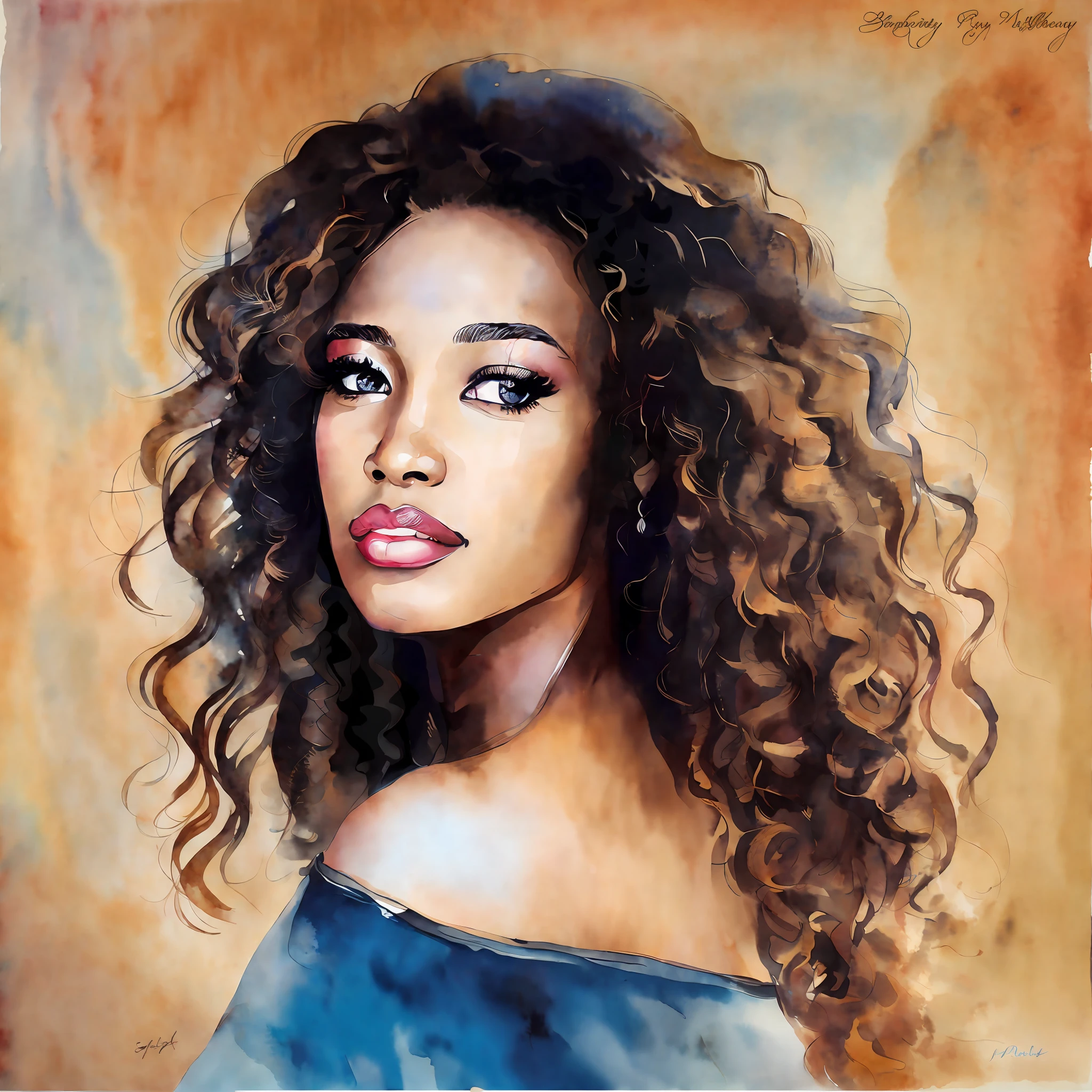 beauty women, blue eys, long brown curles hair, white background, watercolor painting, higt detal