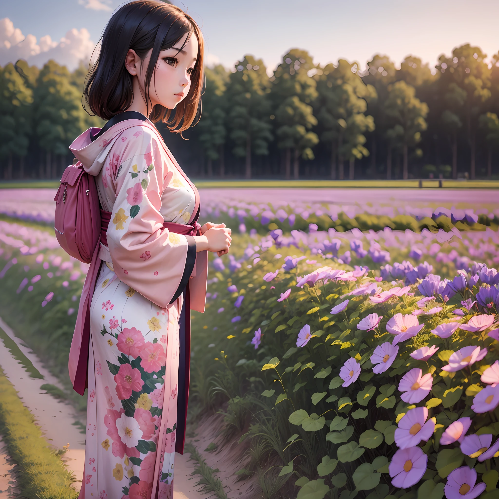 Girl standing in pink kimono in morning glory field in the morning sun --auto --s2
