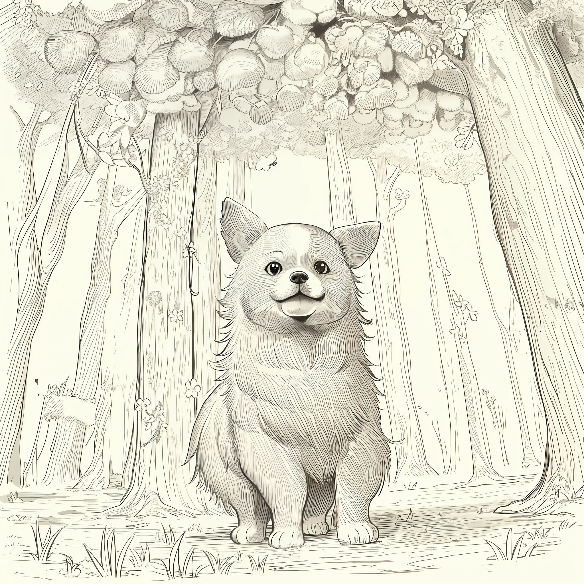 (High quality, 8k) line drawing, lineart, black and white, cute and fluffy chihuahua dog in the forest with trees and flowers