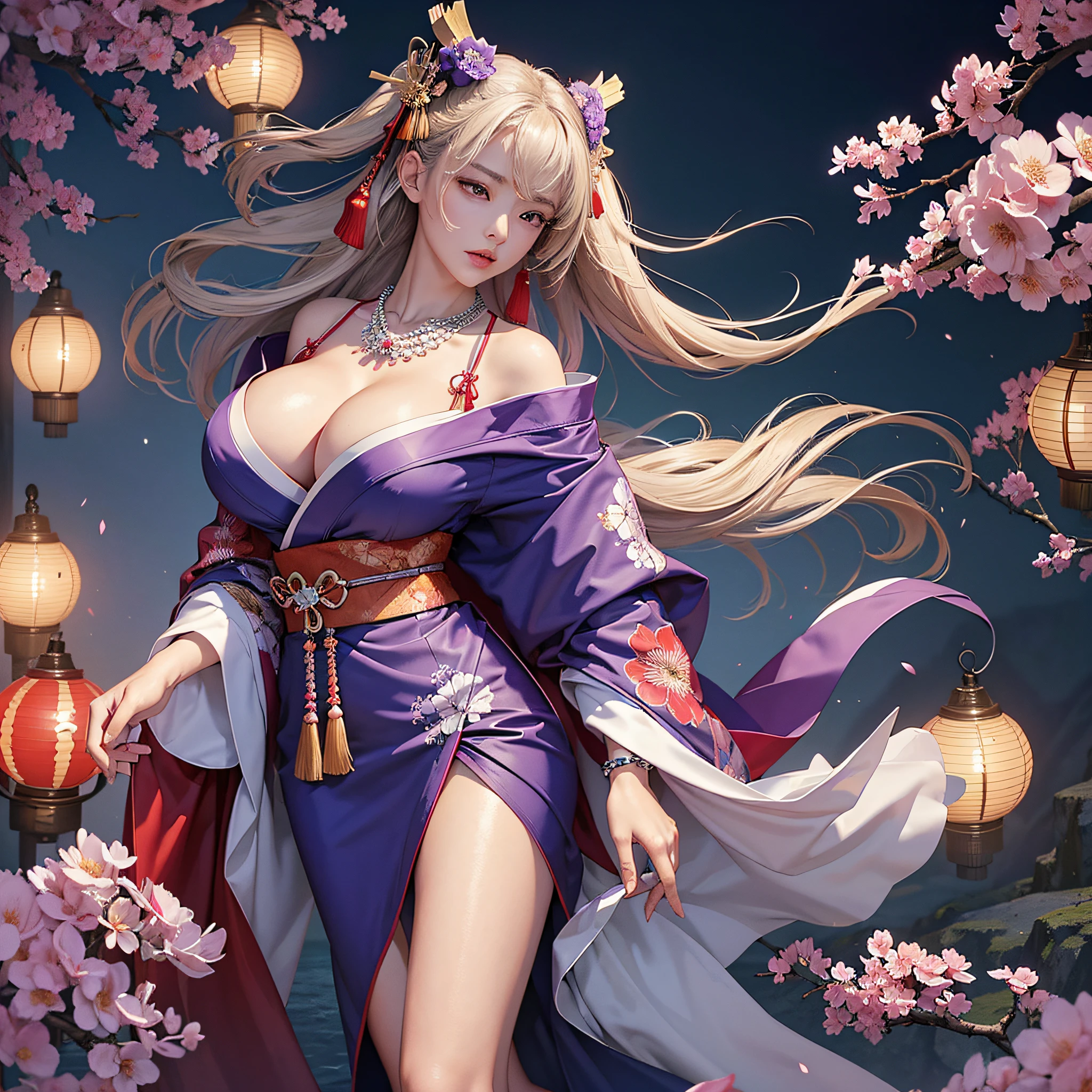 (legs wide open, crotch wide open), (cinematic light, top quality, 8K, masterpiece: 1.3), (world wonderful, Japan goddess, Japan beautiful girl, Korean goddess), (full body), (one girl), (necklace, bracelet, anklet, leg ring), (huge, cleavage, exposed breasts, sexy cleavage, highly detailed breasts), (huge breasts), À la Fed woman in kimono, kimono, classic kimono, kimono, Japan kimono, long beautiful flowing kimono, intricate geisha kimono, red or purple kimono with floral pattern, Japanese style, wearing kimono, legs wide open, crotch wide open, inspired by Kano Hogai,