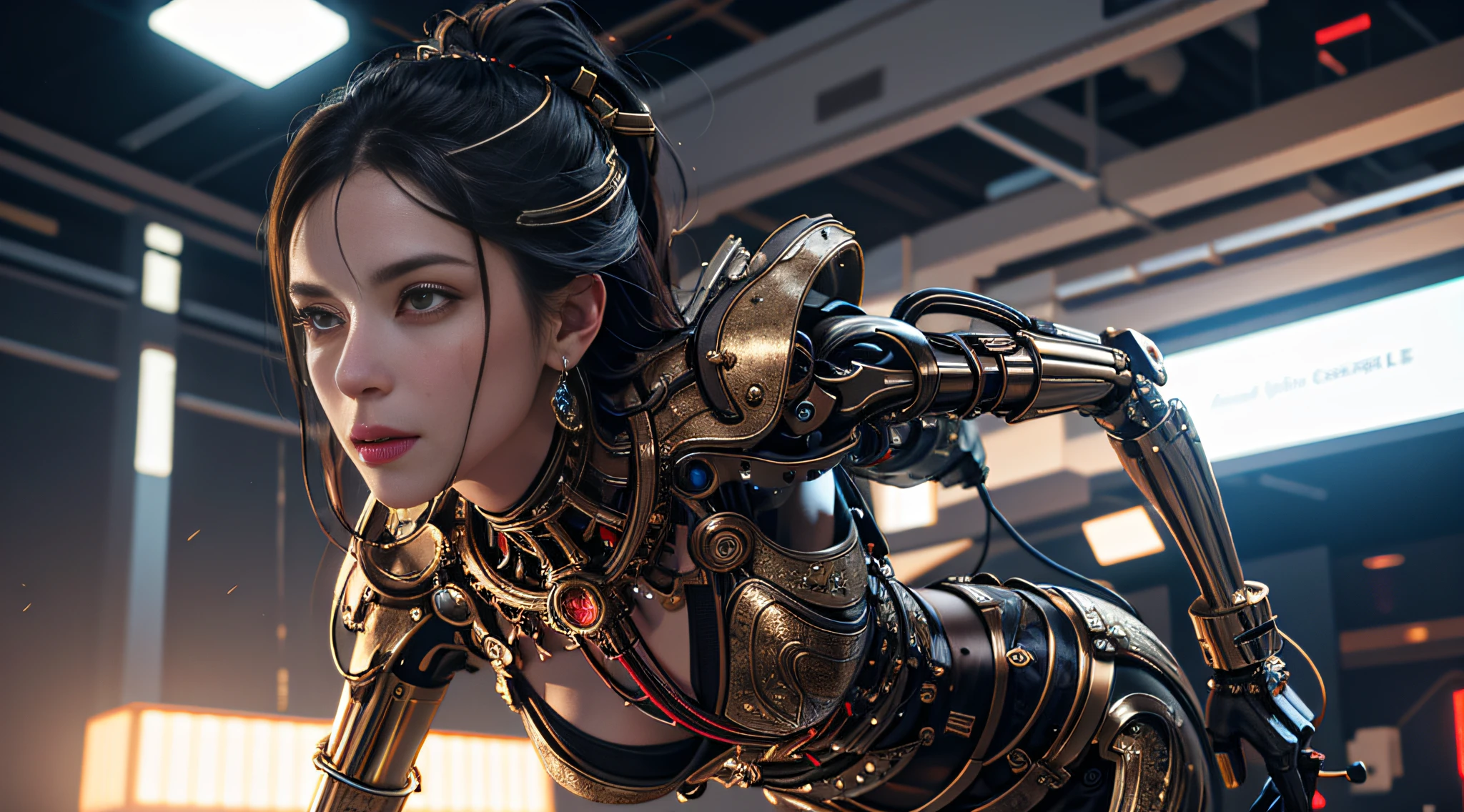 1 mechanical girl, (Full body: 1.2), (Perfect face), ((Super realistic detail)), Portrait, Global illumination, Shadows, octane rendering, 8k, Super sharp, metallic, complex, ornamental detailed, Cool color, (Egyptian detail: 1.5), Highly complex detail, realistic light, CGsociety trend, glowing eyes, facing camera, neon detail, mechanical limbs, blood vessels attached to tubes, mechanical vertebrae attached to the back, mechanical cervical vertebrae attached to the neck, wires and cables attached to the head. realistic, elegant, goddess, dynamic pose, pose, surrealism, high detail, supremacy, cinematic lighting, ray tracing, shadow, uhd, retina, masterpiece, ccurate, anatomically correct, textured skin, super detail, high detail, high quality, high quality, award-winning, best quality, high resolution, 1080P, 16k, 8k, 4K, HD