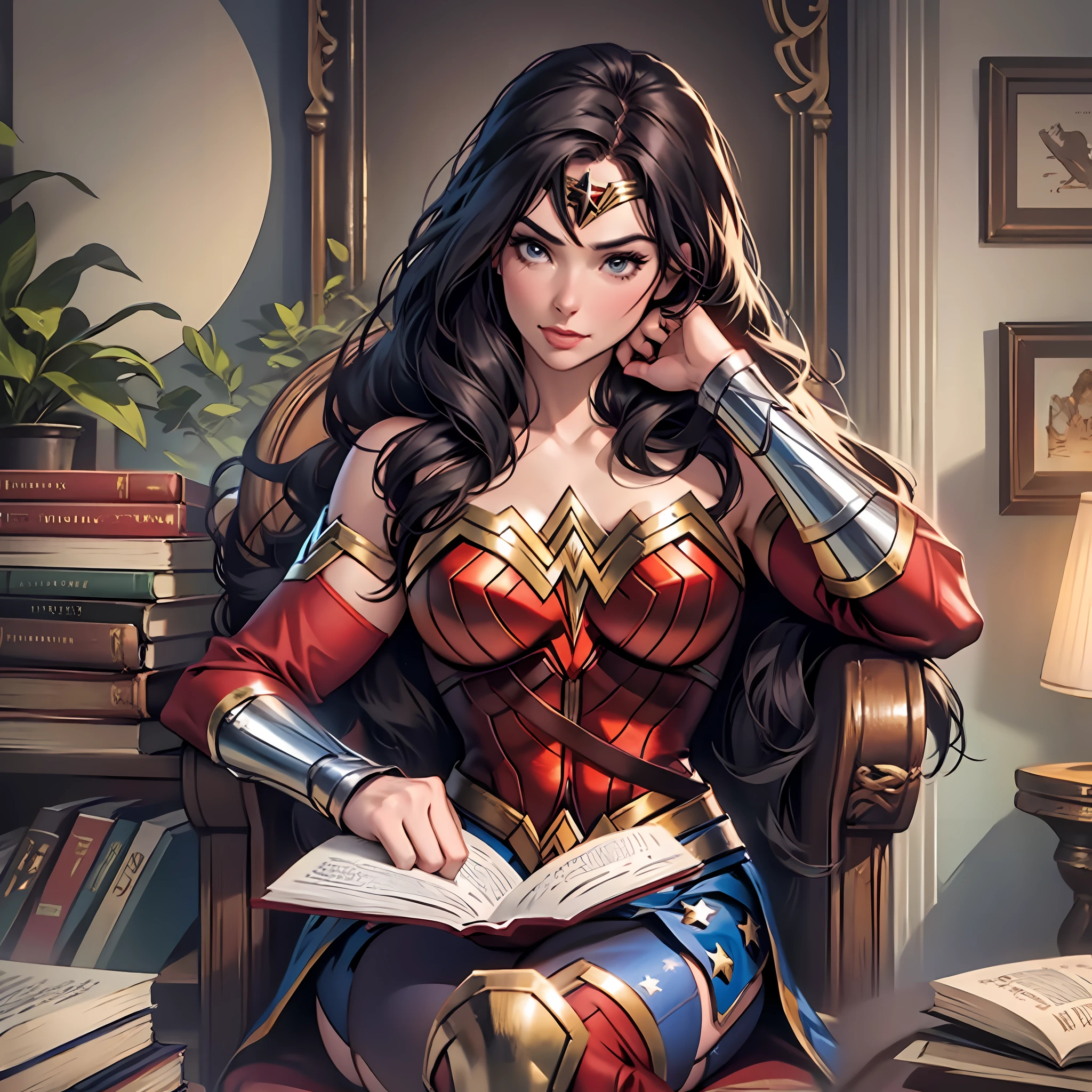 Make a woman in a wonder woman costume, sitting reading a book --auto --s2