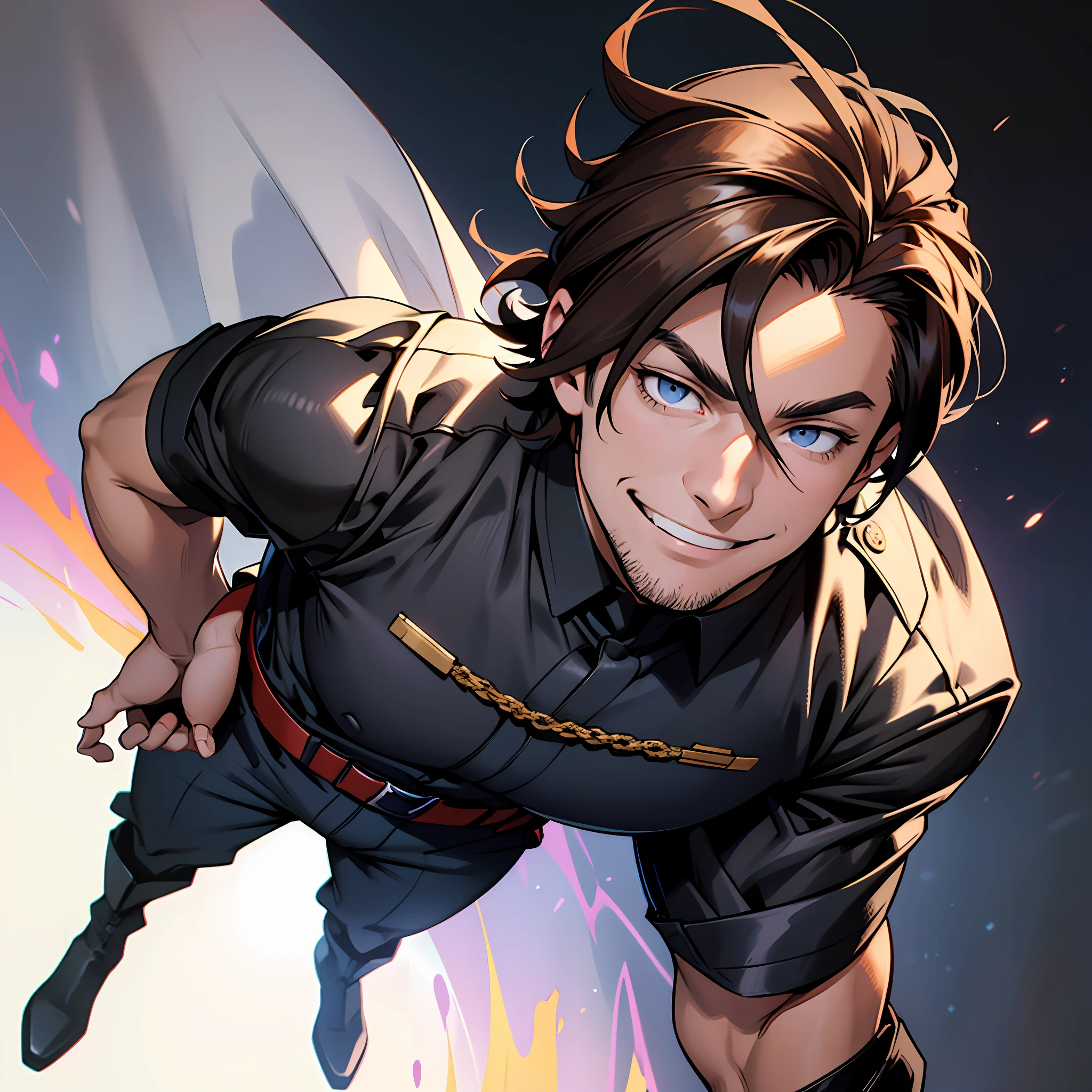 A man with medium brown hair, villain, blue eyes, dark clothes, short sleeve shirt, black pants, military boots, sarcastic smile, (front image from bottom to top), (background aura colors red and black), dark vignette.