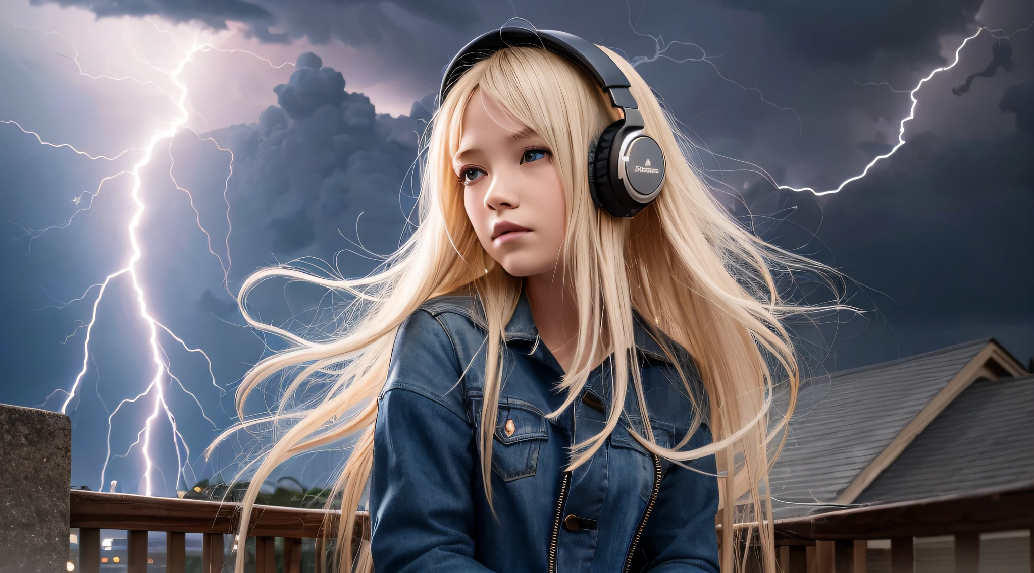 a 14 YEAR OLD BLONDE GIRL with long hair, Of headphones, lightning, with thunderstorms, thunderstorms, with lightning, crackling with lightning, lightning storms, storms, there are lightning, thunder, lightning!!!, effects of lightning, severe weather storms, electrical storm, lightning storm, detailed lighting and thunder, during a storm, in a storm of illumination, thunderstorm, dark storms with lightning --auto --s2