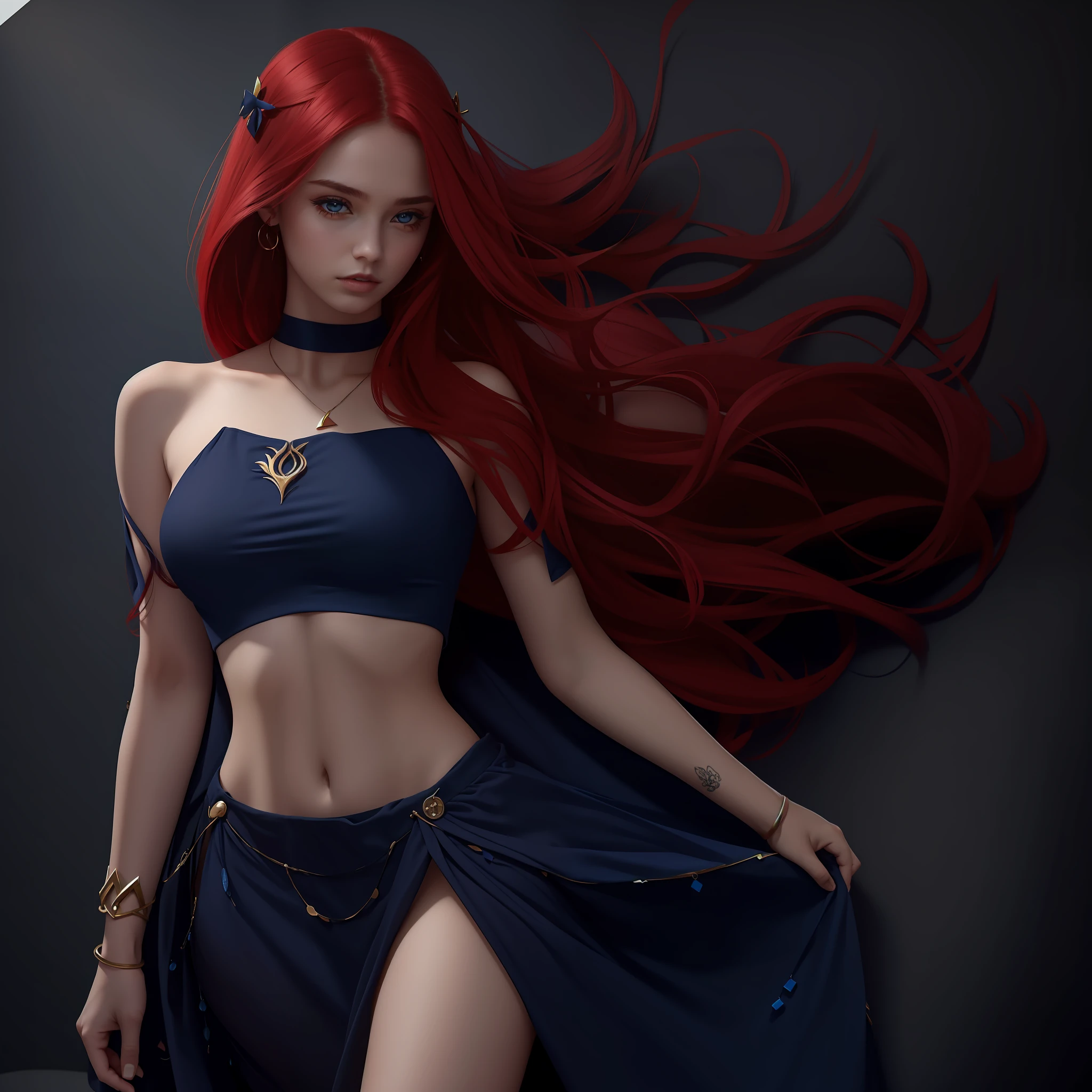A beautiful girl, dark blue crop top dress, long red hair