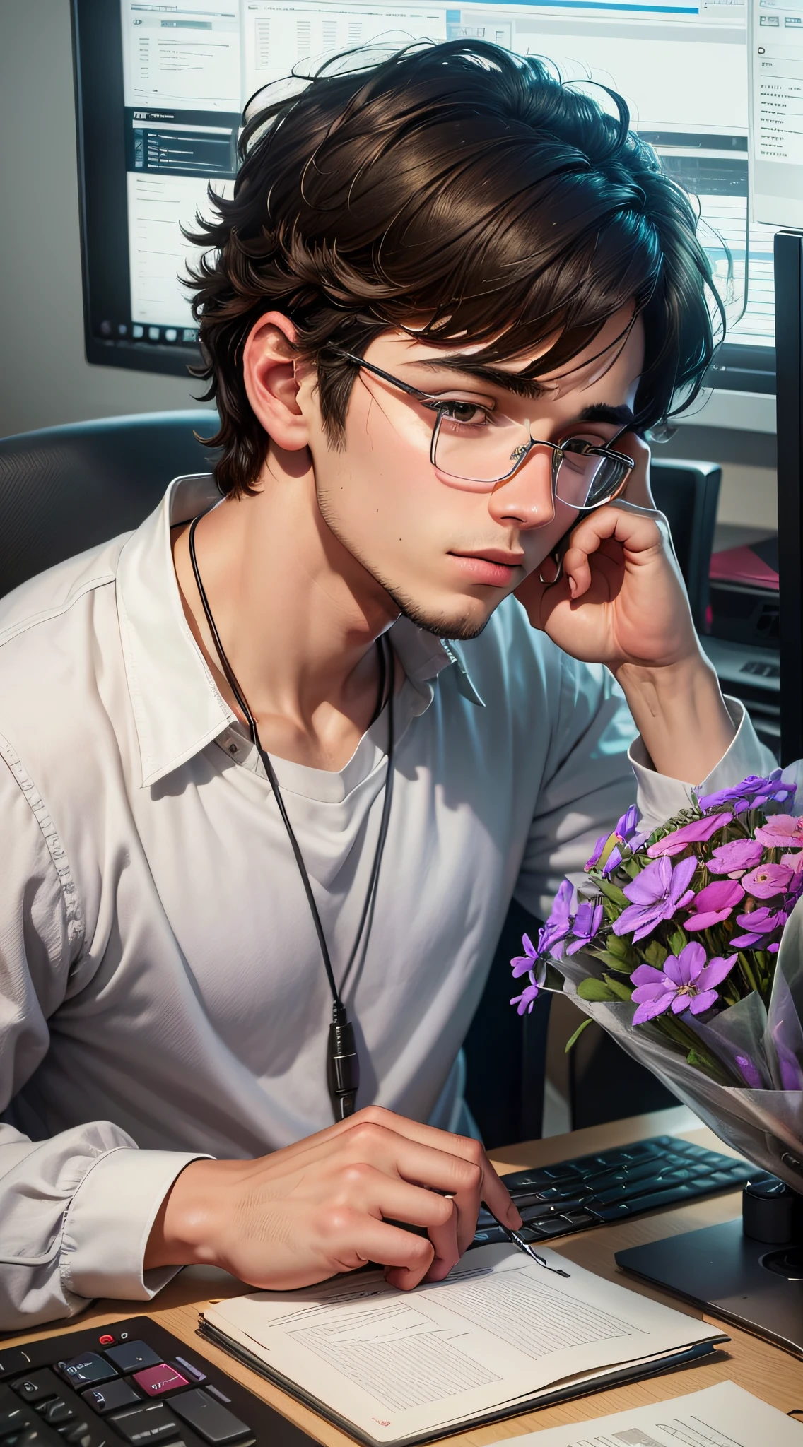 A 24-year-old boy rests in a chair next to a computer monitor, flowers on keyboard --auto --s2