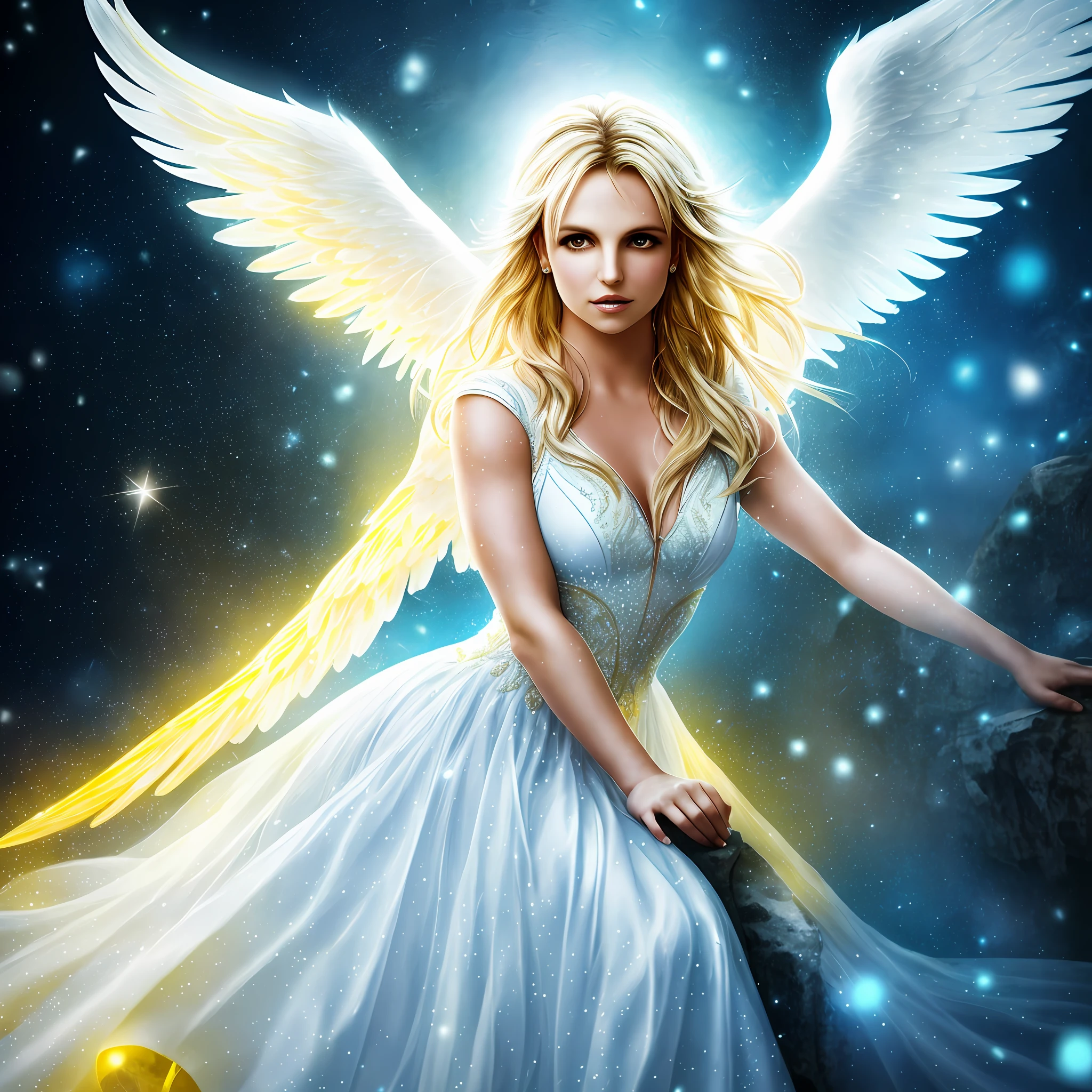 Britney Spears with angel wing, in a gorgeous white dress, sitting on a ledge, against the background of yellow and blue lights, rain, bokeh ((masterpiece, best quality)), high detail, detailed face, blood particles, full body, (8k)