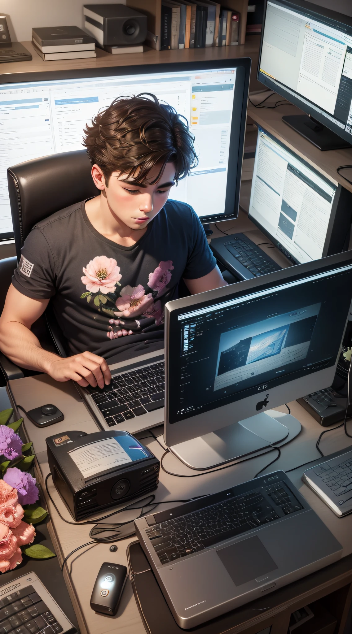 A 24-year-old boy rests in a chair next to a computer monitor, flowers on keyboard --auto --s2