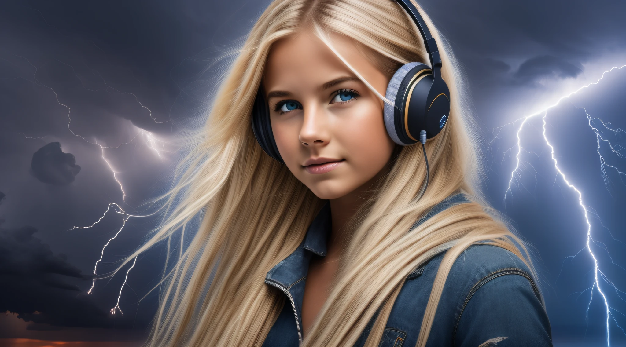 a 14 YEAR OLD BLONDE GIRL with long braid hair, Of headphones, lightning, with thunderstorms, thunderstorms, with lightning, crackling with lightning, lightning storms, storms, there are lightning, thunder, lightning!!!, lightning effects, severe weather storms, electrical storm, lightning storm, detailed lighting and thunder, during a storm, in a lighting storm,  thunderstorm, dark storms with lightning --auto --s2