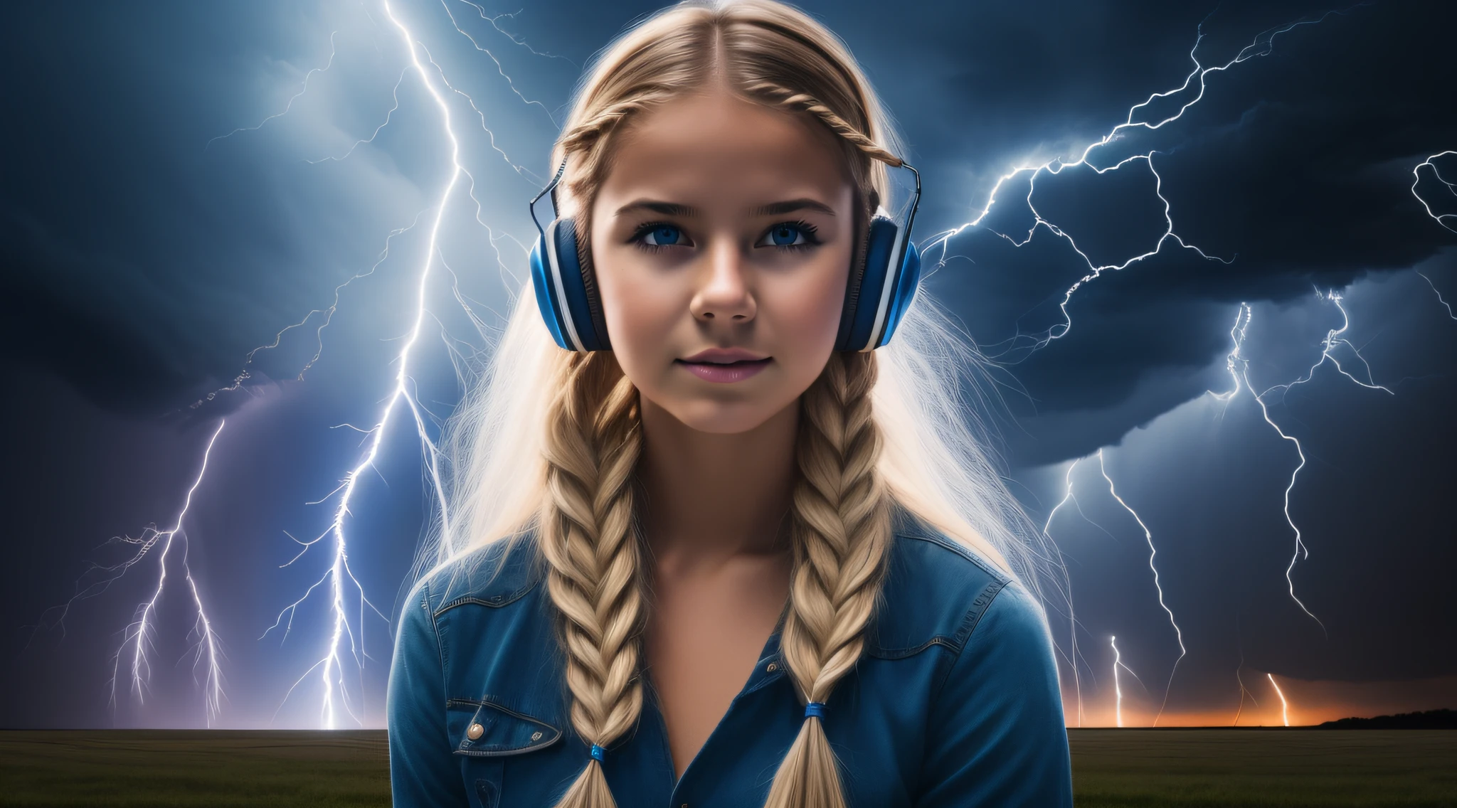 a 14 YEAR OLD BLONDE GIRL with long braid hair, Of headphones, lightning, with thunderstorms, thunderstorms, with lightning, crackling with lightning, lightning storms, storms, there are lightning, thunder, lightning!!!, lightning effects, severe weather storms, electrical storm, lightning storm, detailed lighting and thunder, during a storm, in a lighting storm, thunderstorm, dark storms with lightning --auto --s2