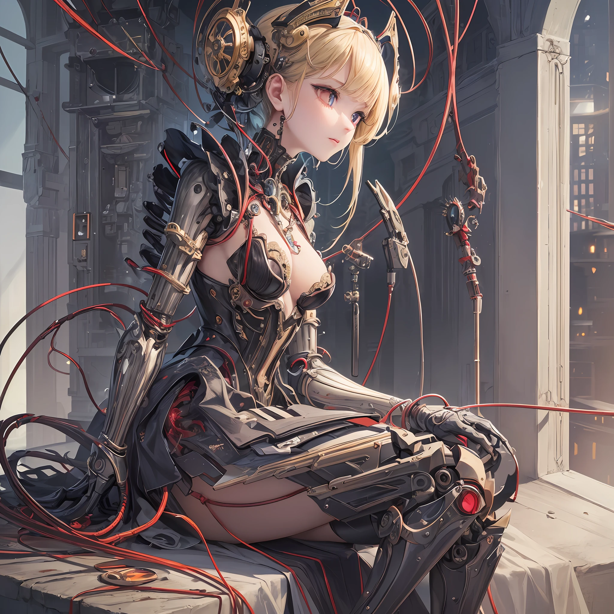 (Masterpiece, Top Quality, Best Quality, Official Art, Beautiful and Indulgent: 1.2), (1 Girl: 1.3), Very Detailed, Colorful, Supreme Detail ((Ultra Detailed)), (Highly Detailed CG Illustration), ((Very Delicate and Beautiful)), (From the Side), Cinematic Light, (1 Machine Girl)), Solo, Full Body, Blonde, Gothic, (Mechanical Art: 1.2), ((Mechanical limbs)), ( blood vessels connected to tubes), (mechanical vertebrae attached to the back), (mechanical cervical vertebrae attached to the neck)), (sitting), expressionless, (wires and cables attached to the neck: 1.2), (wires and cables attached to the neck: 1.2), (character focus), science fiction, fantastic landscape --auto --s2