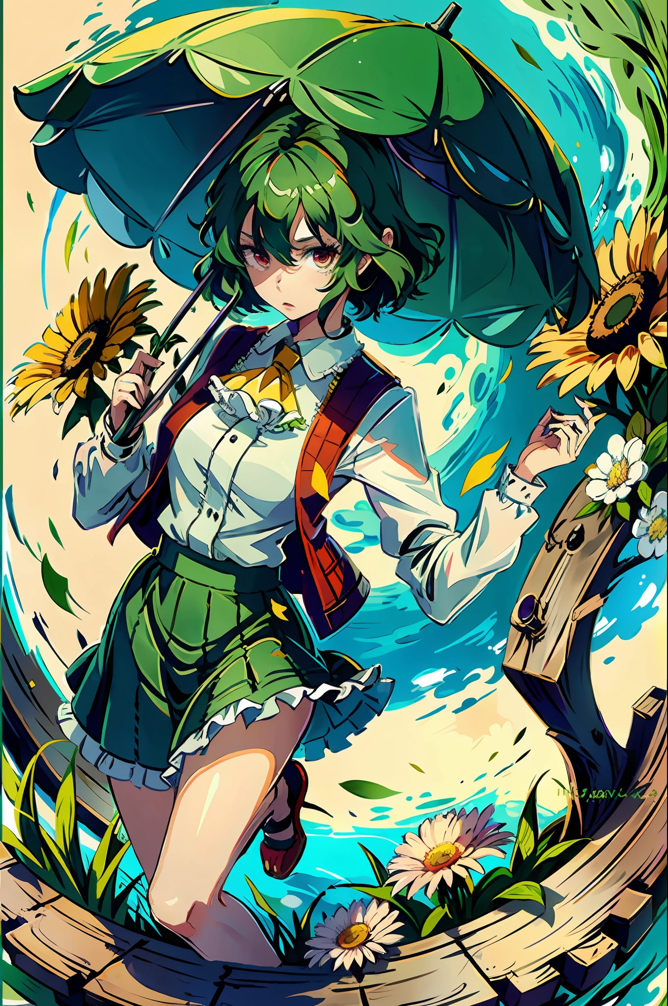 masterpiece, best quality, 1girl,green hair,ascot, kazami yuuka, umbrella,hair flower, flower