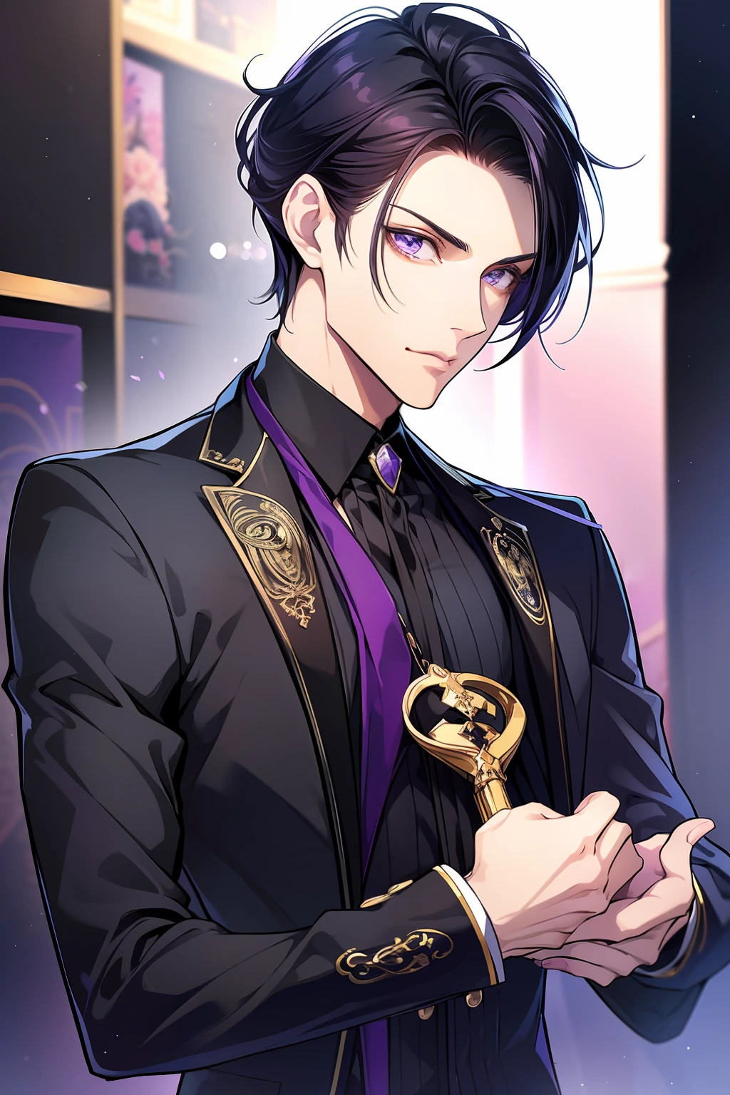 A gorgeous man, age 20, perfect face, long black hair, purple eyes, wearing modern clothes, 2D, 4k, award-winning digital art, (extremely detailed: 1.5), (soft lighting:1.2) (extremely detailed face)