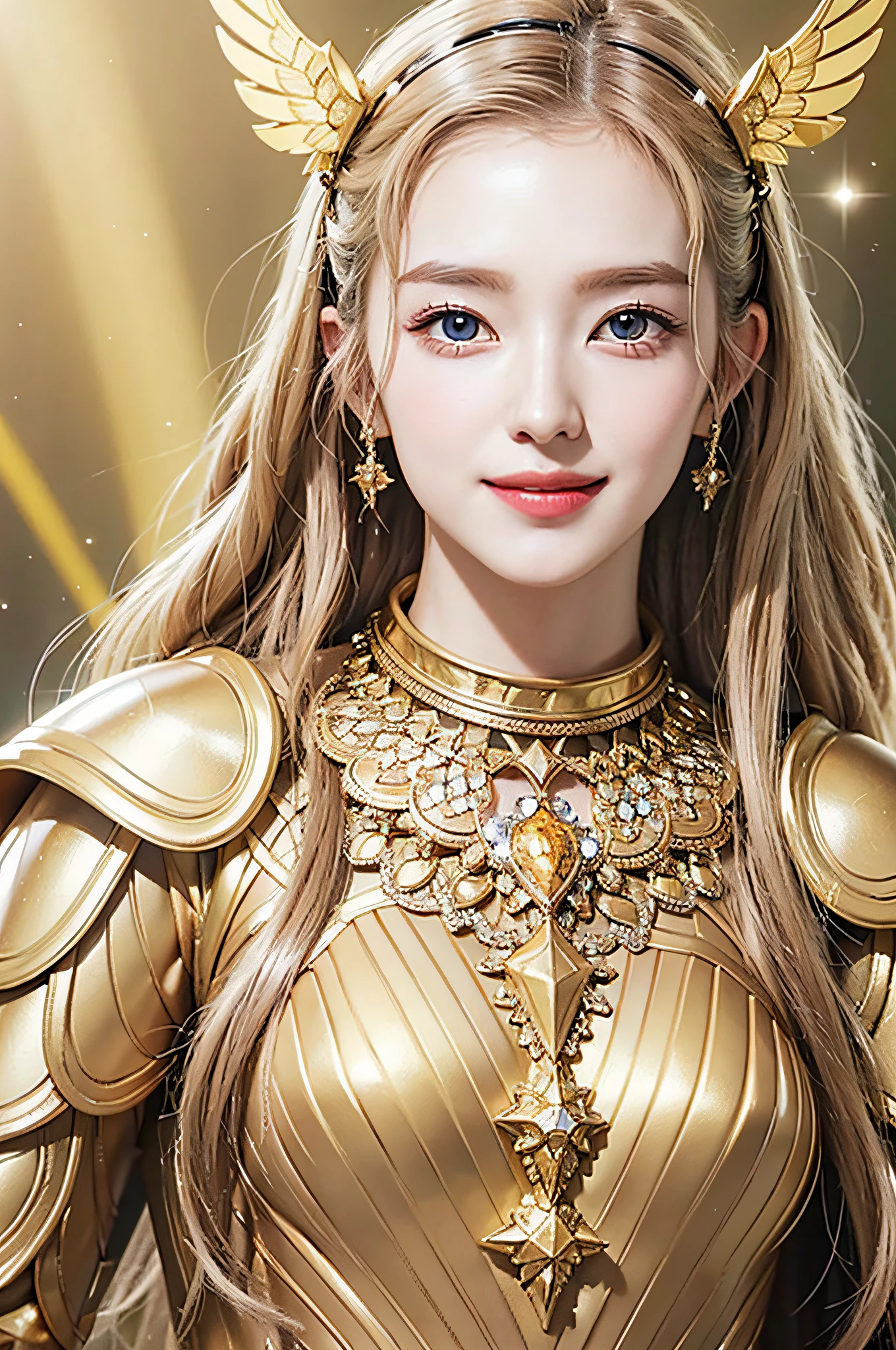Golden diamond armor, long blonde hair, golden pupils, golden light background, golden transparent wings, diamond texture, smiling, golden eyes, flashing notes around, maiden, golden starlight, dazzling