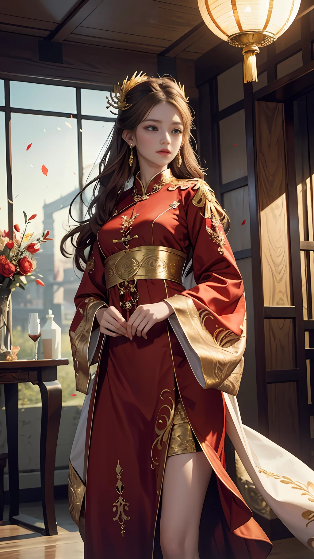 best quality, masterpiece, highres, (exquisite body:1.5),gorgeous face,(milky skin:1.3),intricate details,high resolution,wallpaper,
1girl, solo, dress, hair ornament, (((gold and red dress))), flowers, long hair, brown hair, closed mouth, jewelry, long sleeves, hand up, wide sleeves, big eyes,floating hair, chinese clothes, hanfu, embroidery, long skirt, natural pose, falling petals, indoor,fanning, lantern,
16K,HDR,highres,depth field,(film grain:1.1),boken,golden hour,(lens flare),vignette,rainbowing,(color grading:1.5)