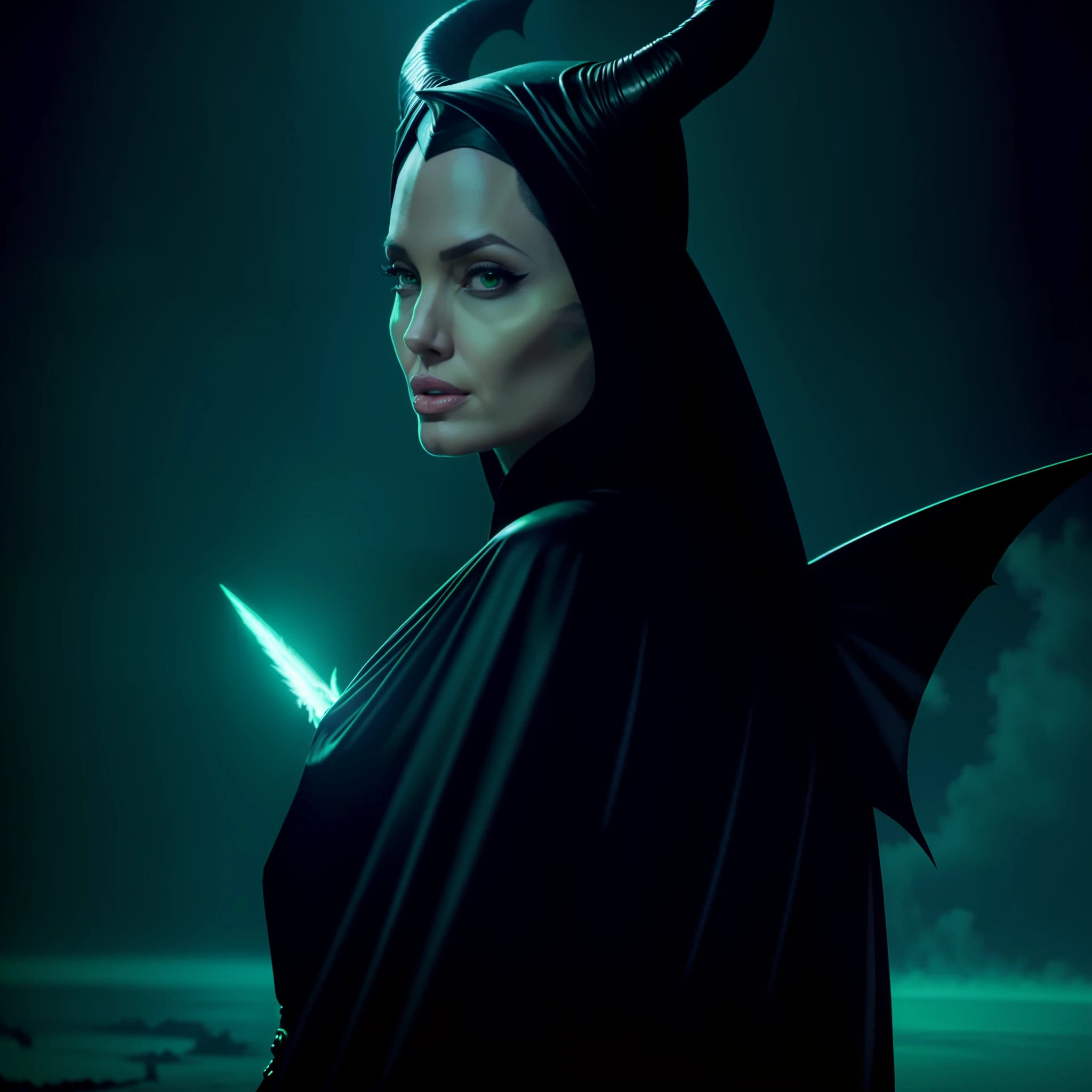 ANGELINA JOLIE, Maleficent, Disney Female Villain, DRAGON WINGS, GREEN FIRE, NEON GREEN EYES, high quality, CINEMATIC SCENE, 8k image, high image quality