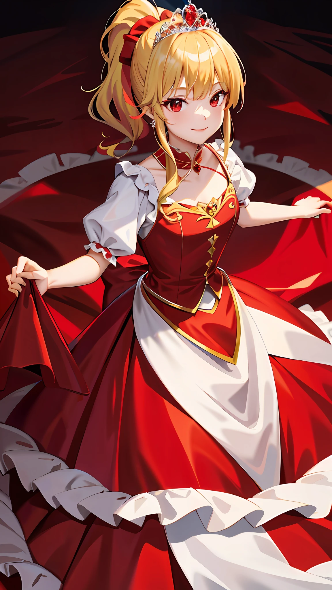 (Masterpiece, Best Quality: 1.2), (Watch Viewer), Princess, Tiara, Red Themes, Long Dress, Blonde Hair, Red Eyes, Palace, Ruffles, Ponytail, Smile