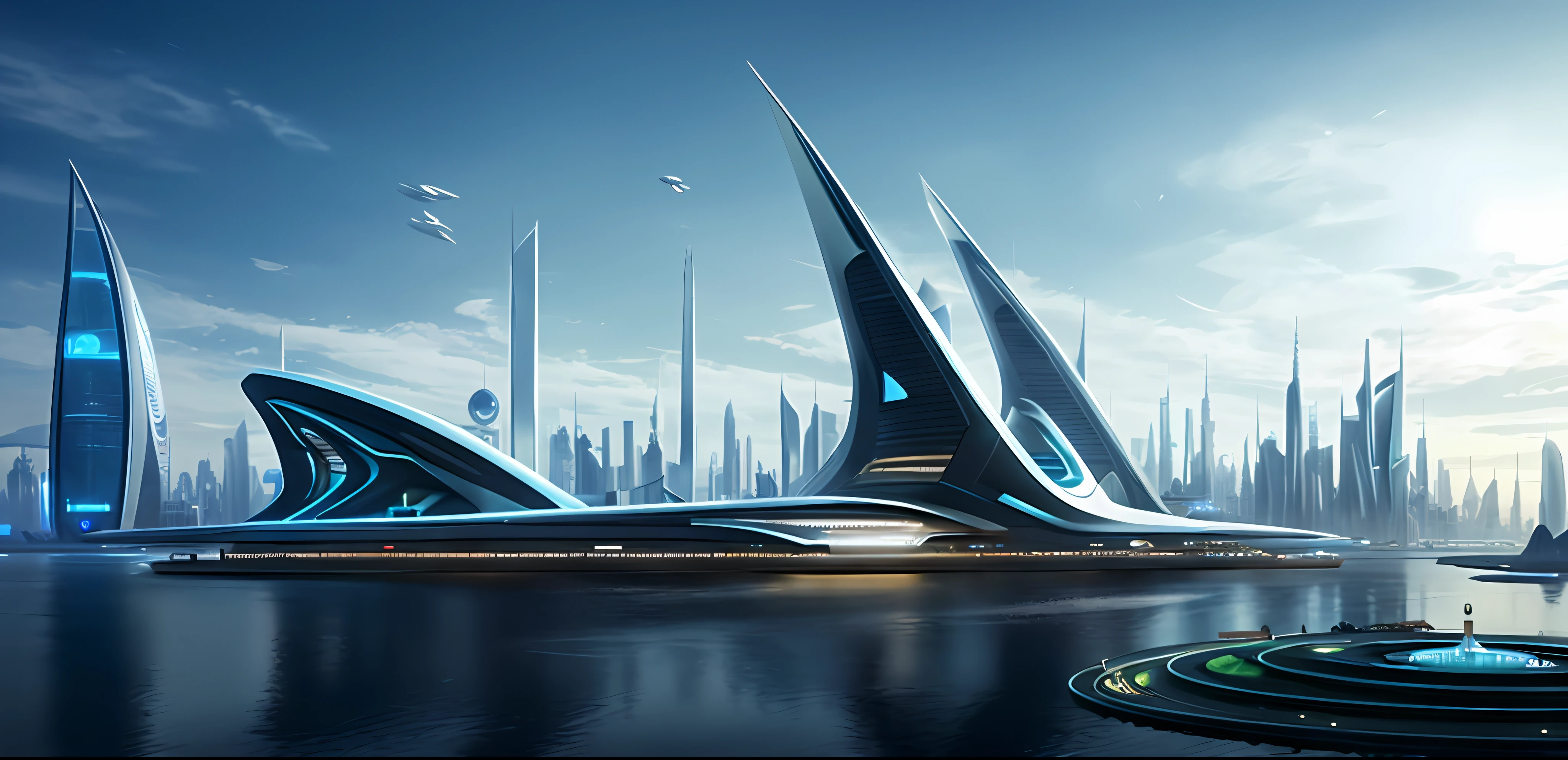 futuristic city with a futuristic building and a boat in the water, hyper-futuristic city, futuristic architectural art, photo of futuristic cityscape, futuristic buildings, by Zha Shibiao, futuristic dystopian city, futuristic architecture concept, futuristic cityscape, futuristic city, otherwordly futuristic city, beautiful city of the future, futuristic concept art, futuristic city scape, futuristic metropolis
