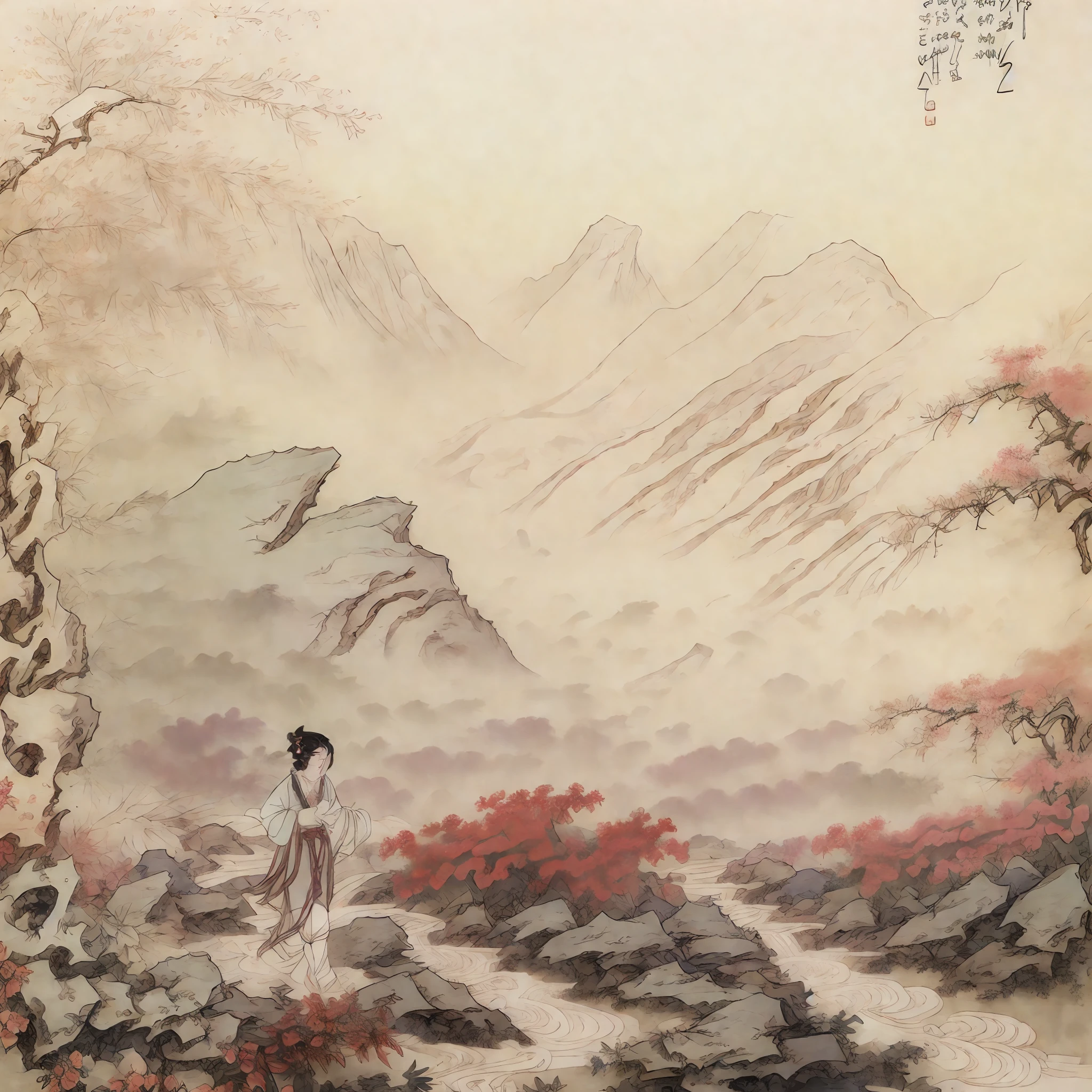 Masterpiece, Superb Piece, (Full Body: 1.3), (((no_humans))), Solo, Chinese Painting, Tang, Perfect Skin, Gorgeous, Pure, Colorful, Clear and Sharp Focus, Instagram Most Watched, Conceptual Artist, Distant Mountains, Depth of Field, Flowers, Shrubs, Running Water, Mist