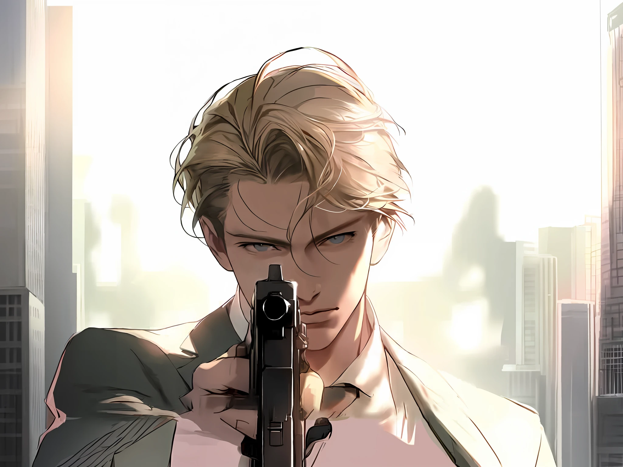 anime man with gun pointing at camera in urban setting, trigger anime artstyle, johan liebert mixed with alucard, handsome anime pose, anime handsome man, he has a pistol!!, tall anime guy with blue eyes, range murata and artgerm, with pistol, johan liebert, handsome guy in demon slayer art, kentaro miura manga art style