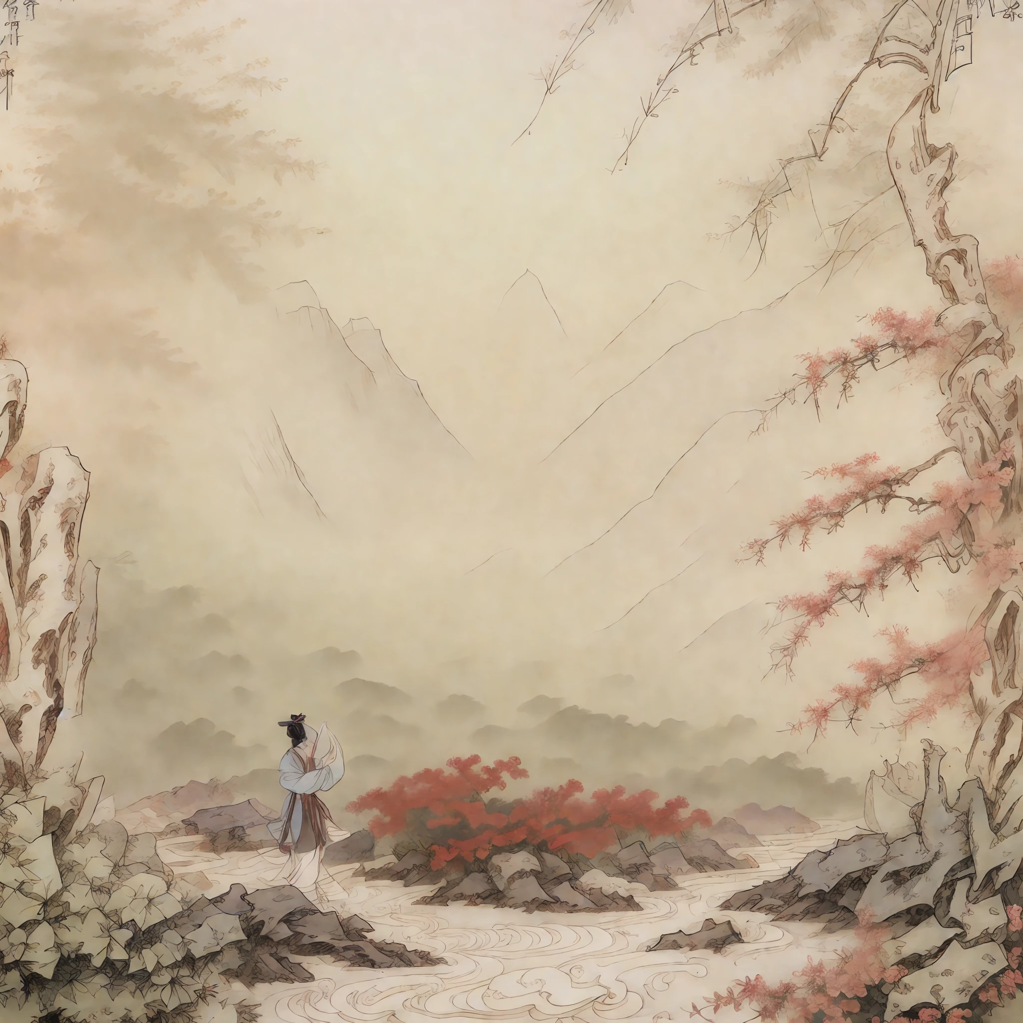 Masterpiece, Superb Piece, (Full Body: 1.3), (((no_humans))), Solo, Chinese Painting, Tang, Perfect Skin, Gorgeous, Pure, Colorful, Clear and Sharp Focus, Instagram Most Watched, Conceptual Artist, Distant Mountains, Depth of Field, Flowers, Shrubs, Running Water, Mist