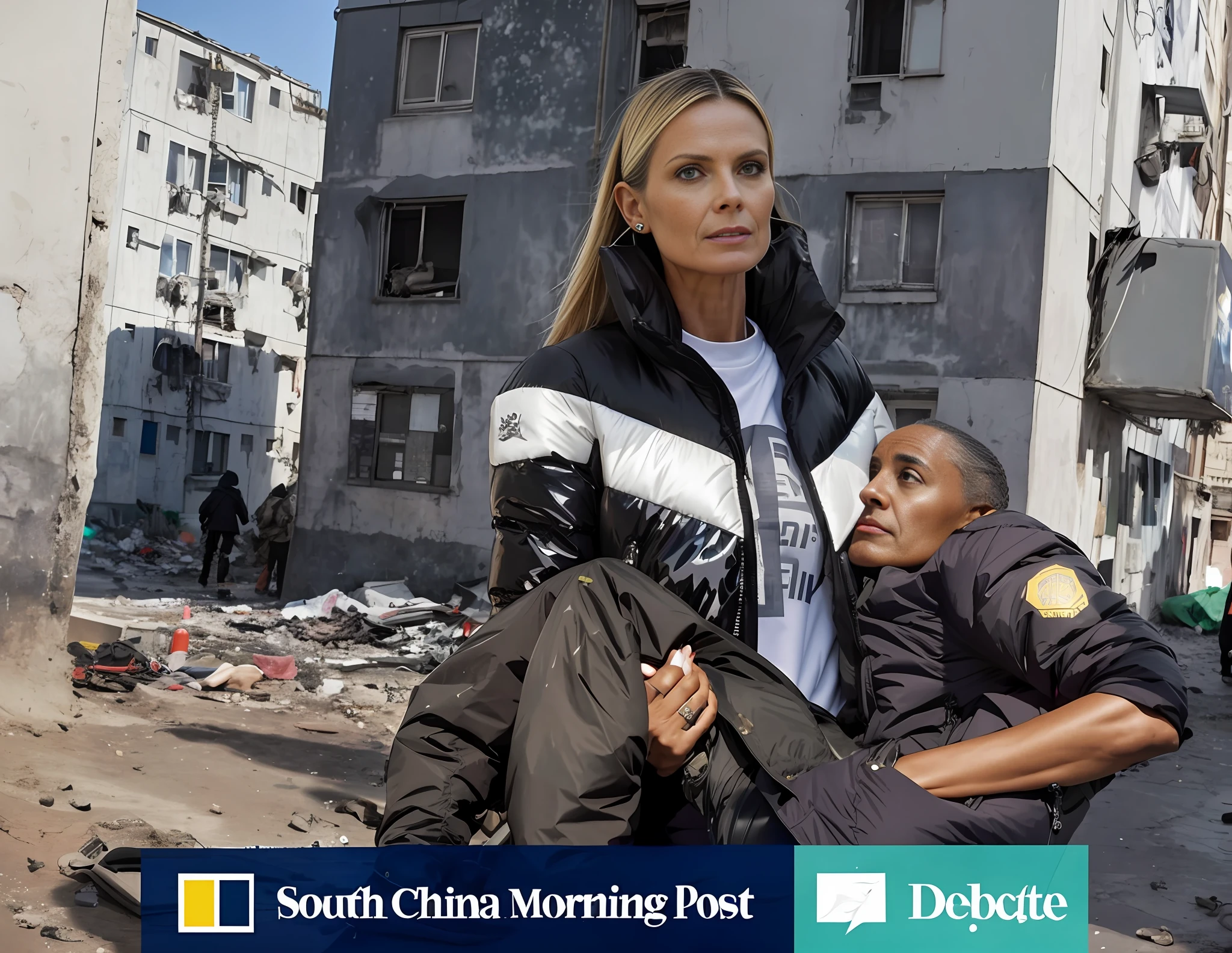 woman in a high-shine black-and-white puffer-jacket, arafed woman holding a middleaged wounded man in a dirty street with buildings in the background, heidi klum as gollum, heidi klum in a shiny nylon-jacket, editorial photo, editorial image, photobashing, very coherent image, award winning press photo, ap, ap art, 💣 💥, abcdefghijklmnopqrstuvwxyz, in postapocalypse city --auto --s2