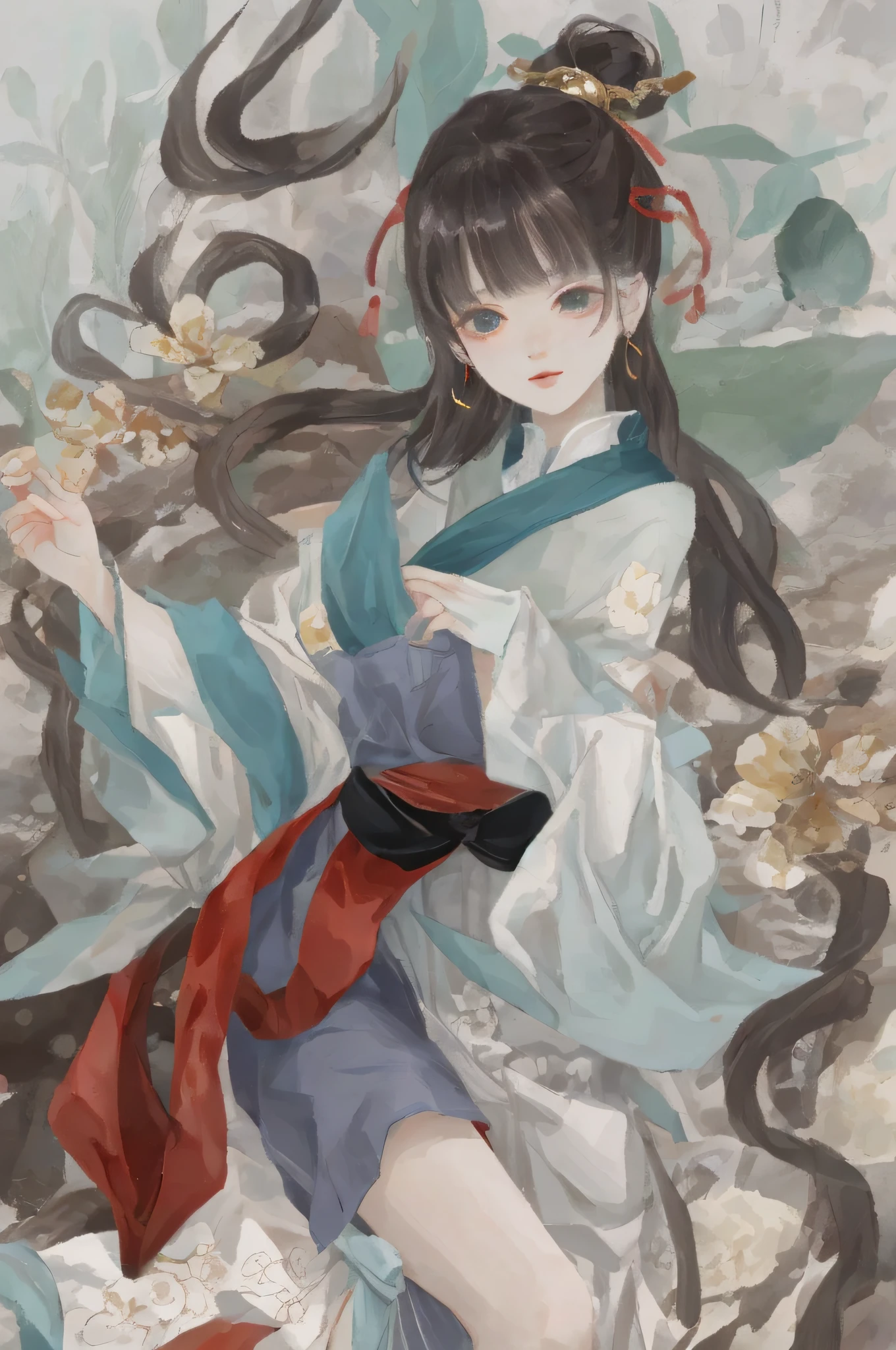 An ancient Chinese beauty sitting on a stone, wearing ancient Chinese clothing, flowing tulle, light silk, lazy posture, large lotus leaf, lotus, ink painting style, clean color, decisive cutting, blank, freehand, masterpiece, super detailed, epic composition, high quality, the highest quality, 4k --v 6