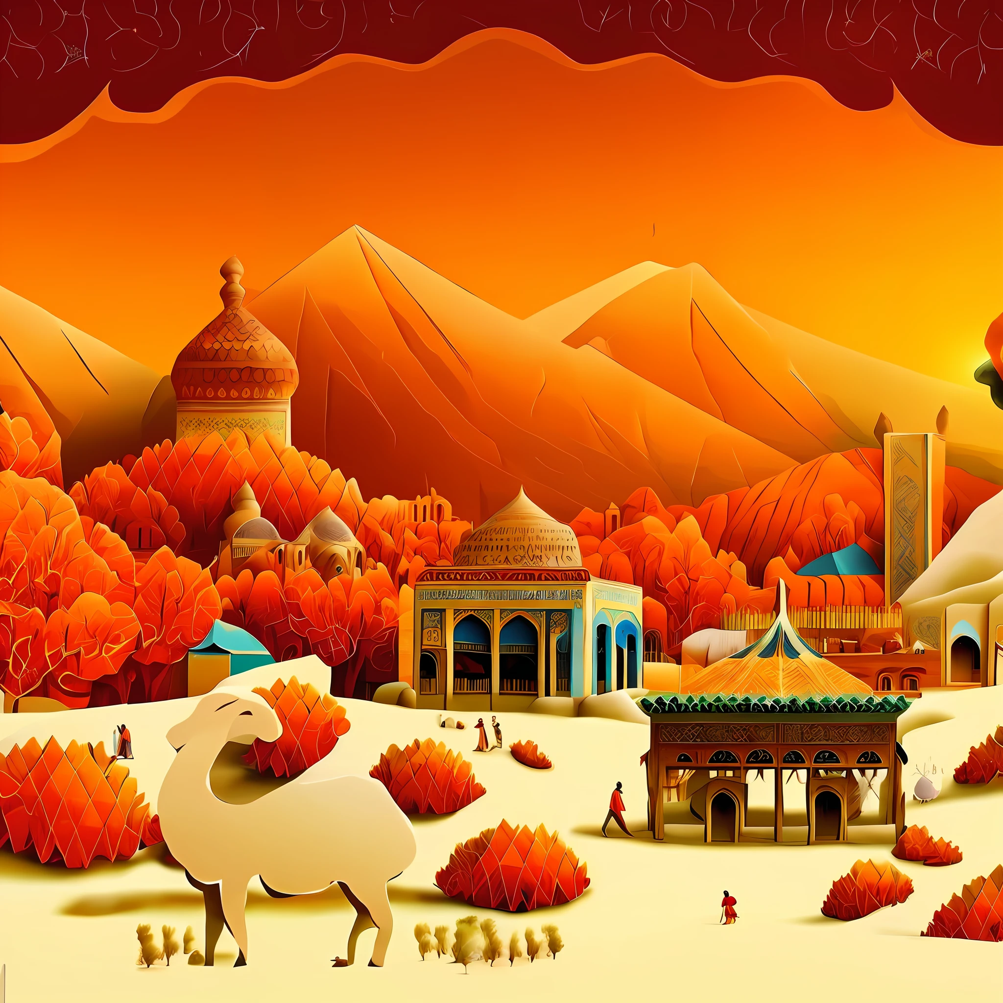 araffes in a desert with a mountain and a building, persian folktale artstyle, persian folkore artstyle, painting of samarkand, persian folklore illustration, a beautiful artwork illustration, persian folktale art style, persian folkore illustration, by Sohrab Sepehri, cinematic silk road lanscape, scenery art detailed