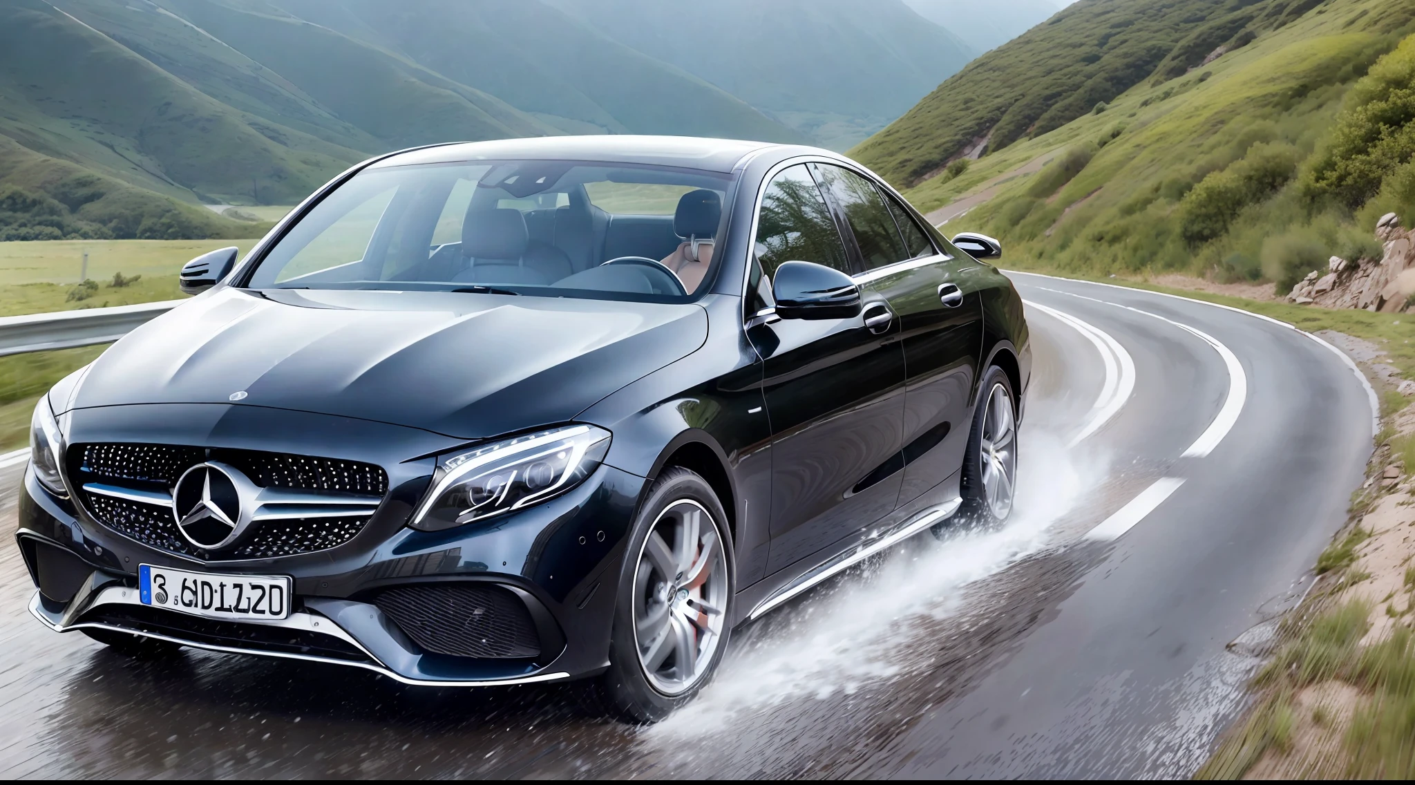 [Illustration ] manga page, there are multiple pictures on one page: In the wind and rain, a luxury Mercedes driving on a mountain road, wheels splashing water on the ground, low angle, showing the side of the car, GoPro, f/2.8, horizontal motion blur {Multi-angle continuous shooting} Clean background, farther, futuristic, surreal, immersive, elegant, luxurious, refined, octane rendering, edge light, long lens, immersive design, minimalism, hyper-realism --s 100--v 5.1, right top side light, Cobalt blue and reflective silver, motion picture film P30, 16k
