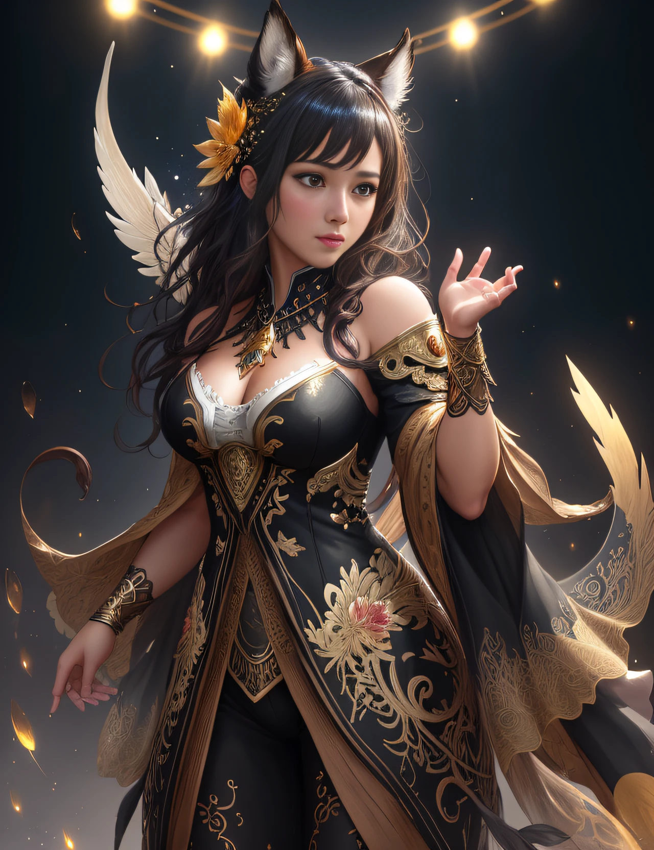 gold and black Spirit animal digital art, art by cheryl griesbach Jean-Baptiste Monge style, bright, beautiful, splash, Glittering, cute and adorable, filigree, rim lighting, lights, extremely, magic, surreal, fantasy, digital art, wlop, artgerm and james jean, trending on artstation, sharp focus, studio photo, intricate details, highly detailed, by greg rutkowski, 8k uhd, dslr