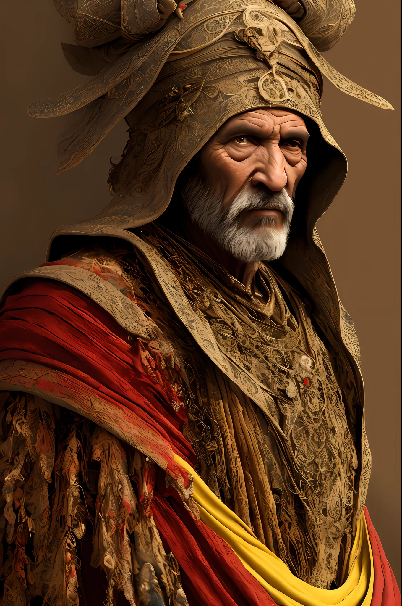 [A very old male Arab shaman, machine face, complex structure, dark skin, distinct facial features, faint smile, wrinkled, weathered, with a long black beard, wearing a black and red gold robe, wearing a yellow hat, portrait, fantasy illustration, character concept design, detailed costumes, Paolo Serpieri, artstation, keen focus, dramatic, expansive], Alhambra, arches, small rooms, intricate, elegant, highly detailed, Arabian nights