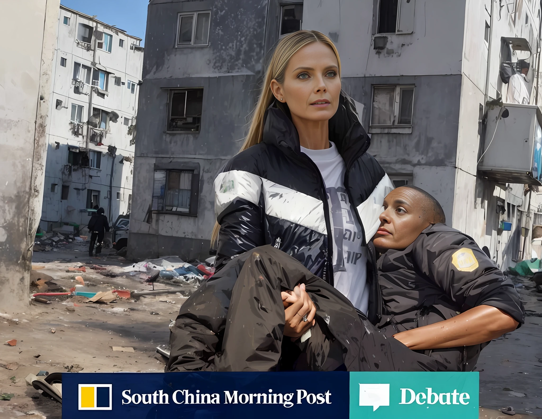 a wounded man gets carried, arafed woman in a black-and-white-striped plastic-jacket holding a wounded athletic man in a dirty street with buildings in the background, a muscular young man is wounded and carried away, heidi klum as gollum, heidi klum in a wet and shiny down jacket, heidi klum is wearing a brillinat laquered jacket, heidi klum in a laquered wetlook anorak, editorial photo, editorial image, photobashing, very coherent image, award winning press photo, ap, ap art, 💣 💥, abcdefghijklmnopqrstuvwxyz, in postapocalypse city --auto --s2