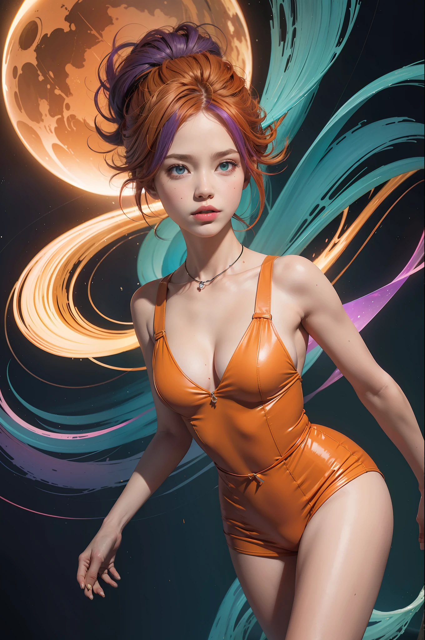concept art, overhead angle of a Will-o'-the-wisp, wearing Funny Somali Emerald deep orange Pinafore, Caramel hair styled as Short hair, fluorescent purple Hair tie, equirectangular 360, Highres,  [(art by Willi Baumeister:1.1), (art by John T. Biggers:1.2)::17], official art, unity 8k wallpaper, ultra detailed, aesthetic, masterpiece, best quality, photorealistic