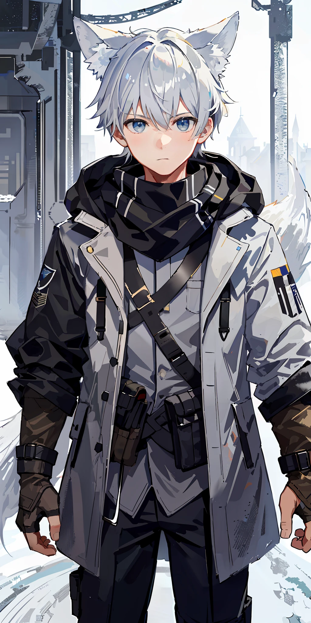 1boy, a, (HD quality, masterpiece level), fresh and cold teenage characters, wolf ears and wolf tail highlight the character's sense of belonging, blue eyes and dark gray hair echo each other, the clean lines of the white-gray military trench coat show the character's modesty and confidence, brown scarf and black boots are rigid and soft, as if ready to go. The whole picture is simple and atmospheric, and the high and cold temperament is respectful. No background, white screen, slightly fit, HD, masterpiece, white background, dark gray hair, blue eyes, (wolf ears), (wolf tail), slim white gray military trench coat, no hood, brown scarf, black boots, one tail, litt