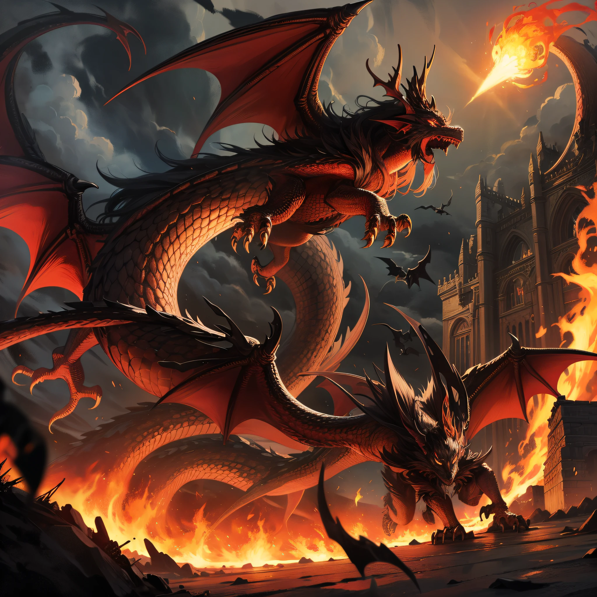 A place like the world of black magic, dark, castles, huge dragons flying in the sky, huge dragons, dragons shoot tons of fireballs, destroying the ground