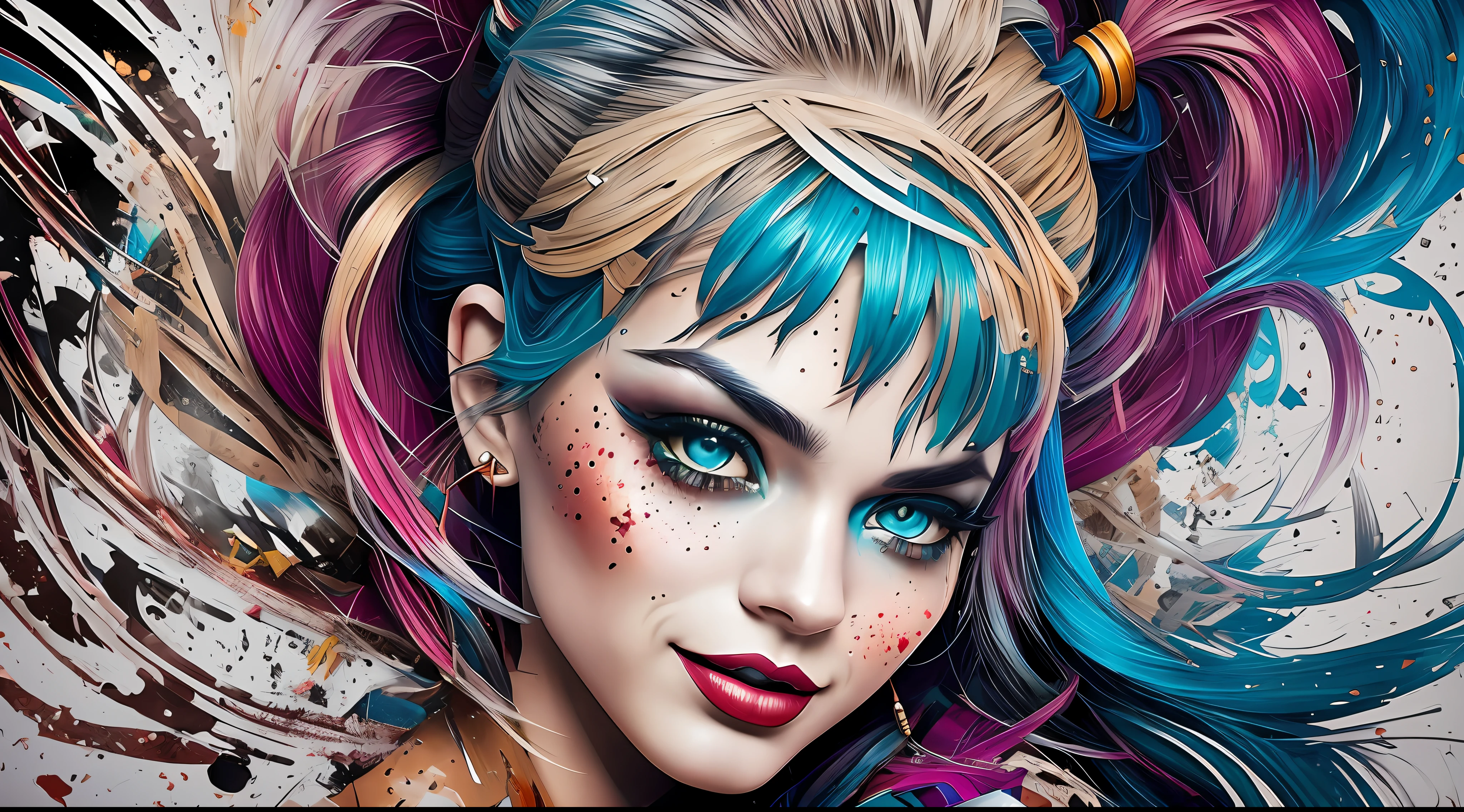 Create a medium shot, colored digital line art portrait of harley quinn character in the style of artists like Russ Mills, Sakimichan, Wlop, Loish, Artgerm, Darek Zabrocki, and Jean-Baptiste Monge. Include colorful splatter drippings, paper texture, and perfect shading, with dramatic lighting. The artwork should be centered, stylized, and elaborate, with a beautiful dress, gorgeous eyes, and a dynamic pose. TanvirTamim. rendered in 8K resolution for high-quality detail,anatomia perfeita, mãos com 4 dedos e 1 polegar, renderizado em resolução 8K para detalhes de alta qualidade, qualidade de imagem 8K, imagem em alta resolução 8K, hiper detalhado, super realista, detalhes intricados