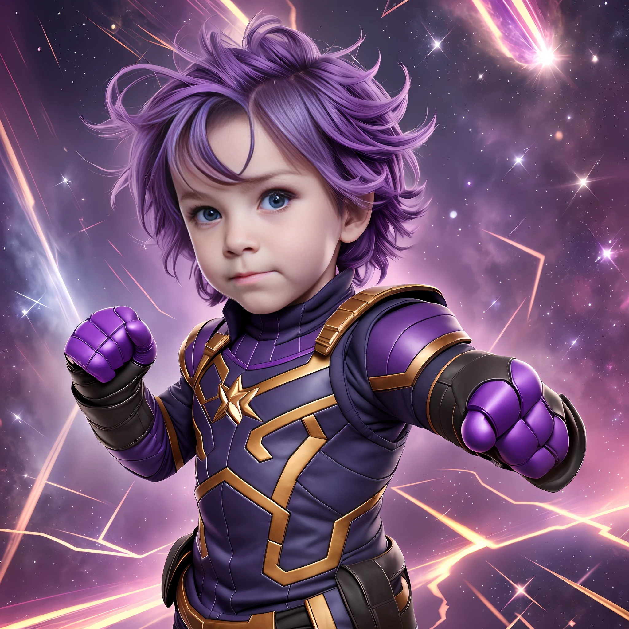 (Best Quality, High Definition) A cute 3 boy with purple skin, fighting stance, infinity gloves, Thanos clothes