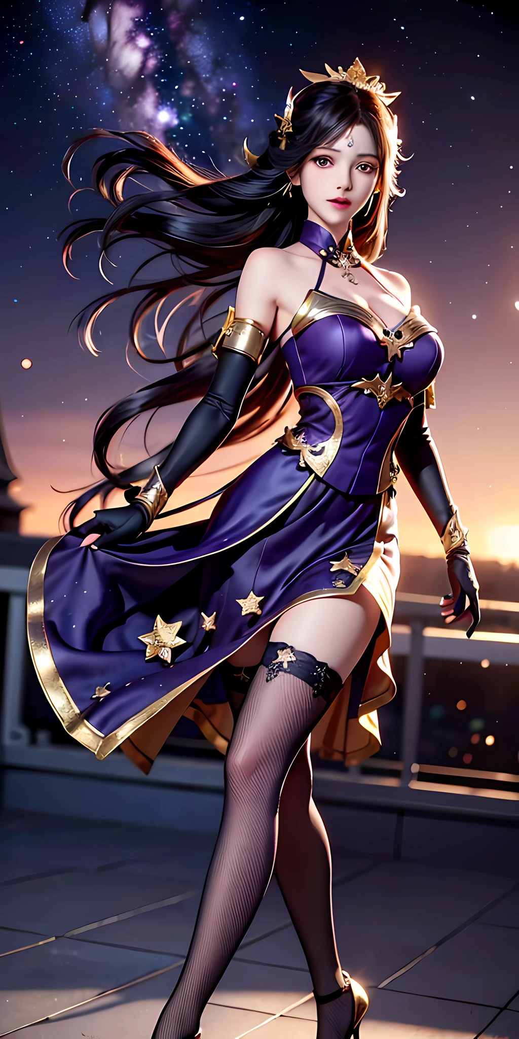 Minimalist background, stockings, jelly texture, flowing hair, best quality, highest resolution, Tyndall effect, ((delicate facial details)), ultra definition, detail portrayal, detail legs, greasy skin, cinematic texture, best quality, bright colors, (((layering, space, advanced composition))), brilliant colors, high saturation, dramatic perspective, colored ink, flying hair, long hair, dark purple dress, dark purple dress, dark purple gloves, deep purple bangs long hair, golden eyes, Golden Star Decoration, Stars, Stars, Universe, Action to Release Spells, Dark Purple Long Glove, A Woman in a Purple Dress with Stars on Skirt and High Heels, Du Jun, Purple, Rococo, Purple Star Stockings, Blending with the Starry Sky, Golden Crown, Queen, Black Stockings, Gorgeous Decoration, Purple Starry Sky Castle, (Right Fingers), (Delicate hand structure, detailed portrayal)