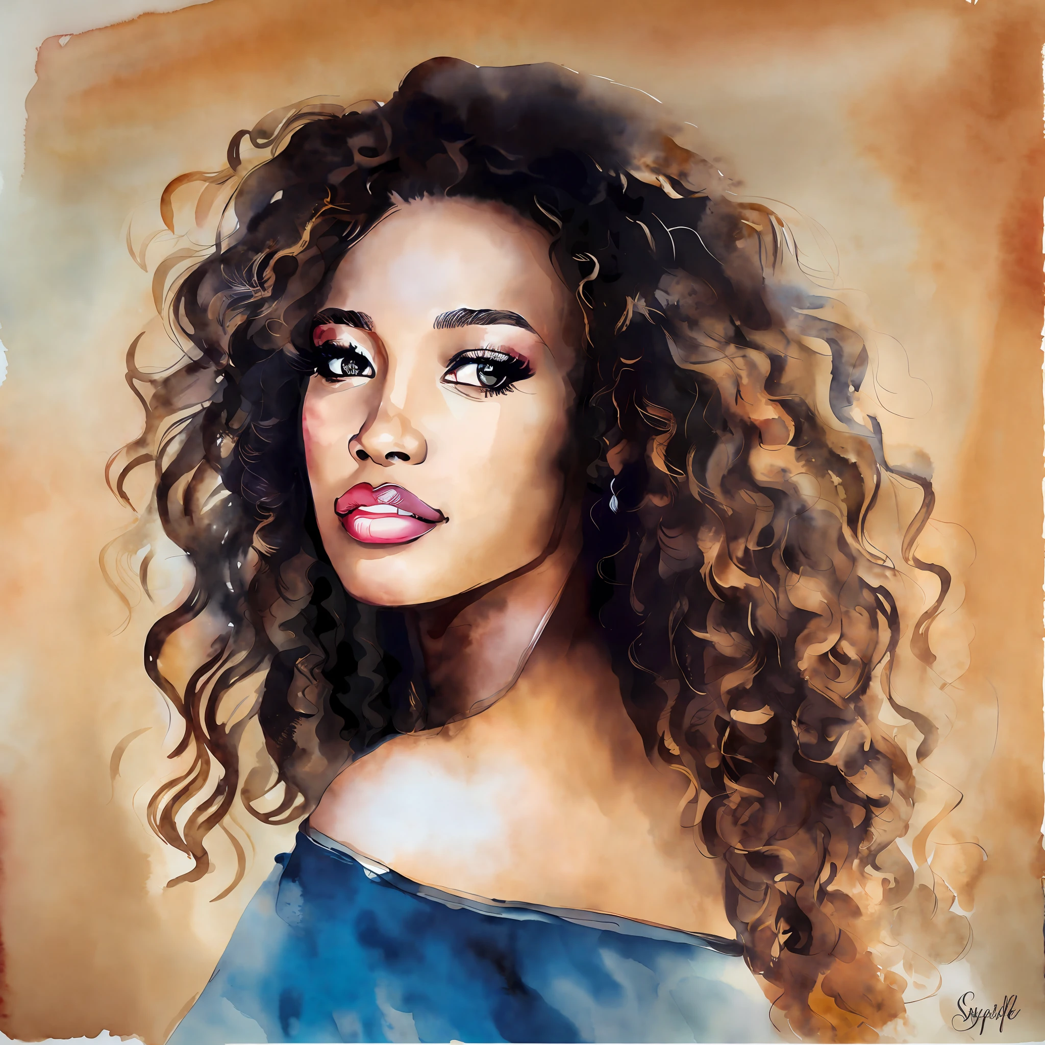 curls brown hair, cream watercolour background