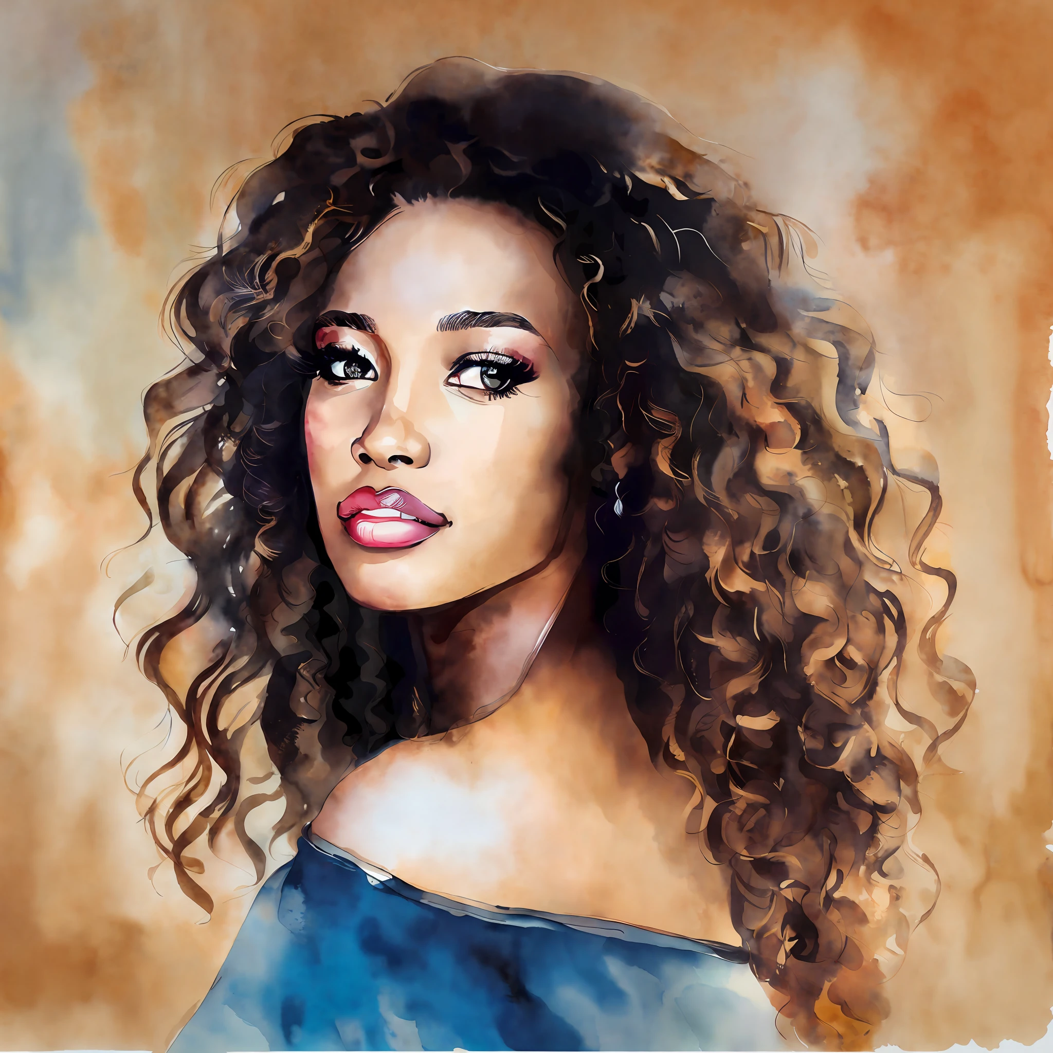 curls brown hair, cream watercolour background