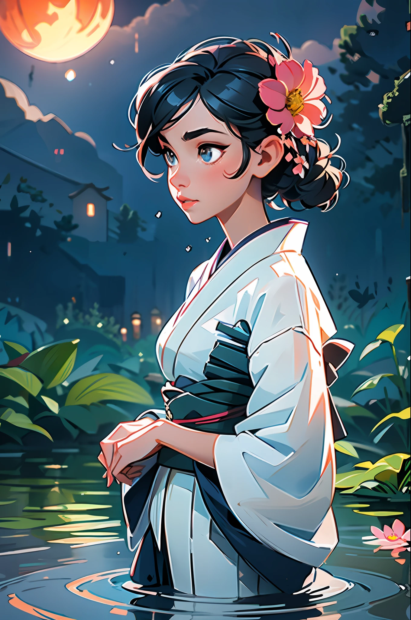 1girl, breasts, moon, lantern, night, solo, large breasts, hair ornament, wet, kimono, japanese clothes, wading, water, hair flower, flower, outdoors, sky, full moon, rain, black hair, off shoulder, mountain, cloud, holding, sash, bare shoulders, paper lantern, standing, white kimono, night sky, sideboob, obi, wet clothes, bangs, tree, from side, reflection, short hair, cloudy sky, wet hair (((masterpiece),(extremely detailed CG unity 8k wallpaper),best quality,,solo,1girl,cinematic lighting,detailed background,beautiful detailed eyes,bright pupils, (an extremely delicate and beautiful),(Beautiful and detailed eye description)， ultra-detailed,masterpiece,)),