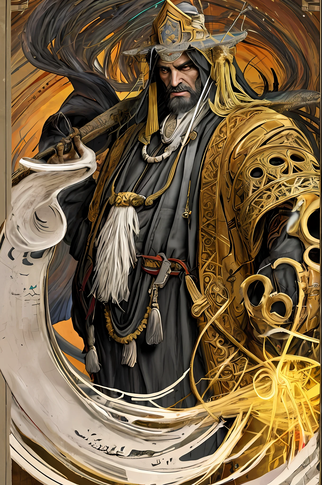 [A very old male Arab shaman, machine face, complex structure, dark skin, distinct facial features, faint smile, wrinkled, weathered, with a long black beard, wearing a black and red gold robe, wearing a yellow hat, portrait, fantasy illustration, character concept design, detailed costumes, Paolo Serpieri, artstation, keen focus, dramatic, expansive], Alhambra, arches, small rooms, intricate, elegant, highly detailed, Arabian nights